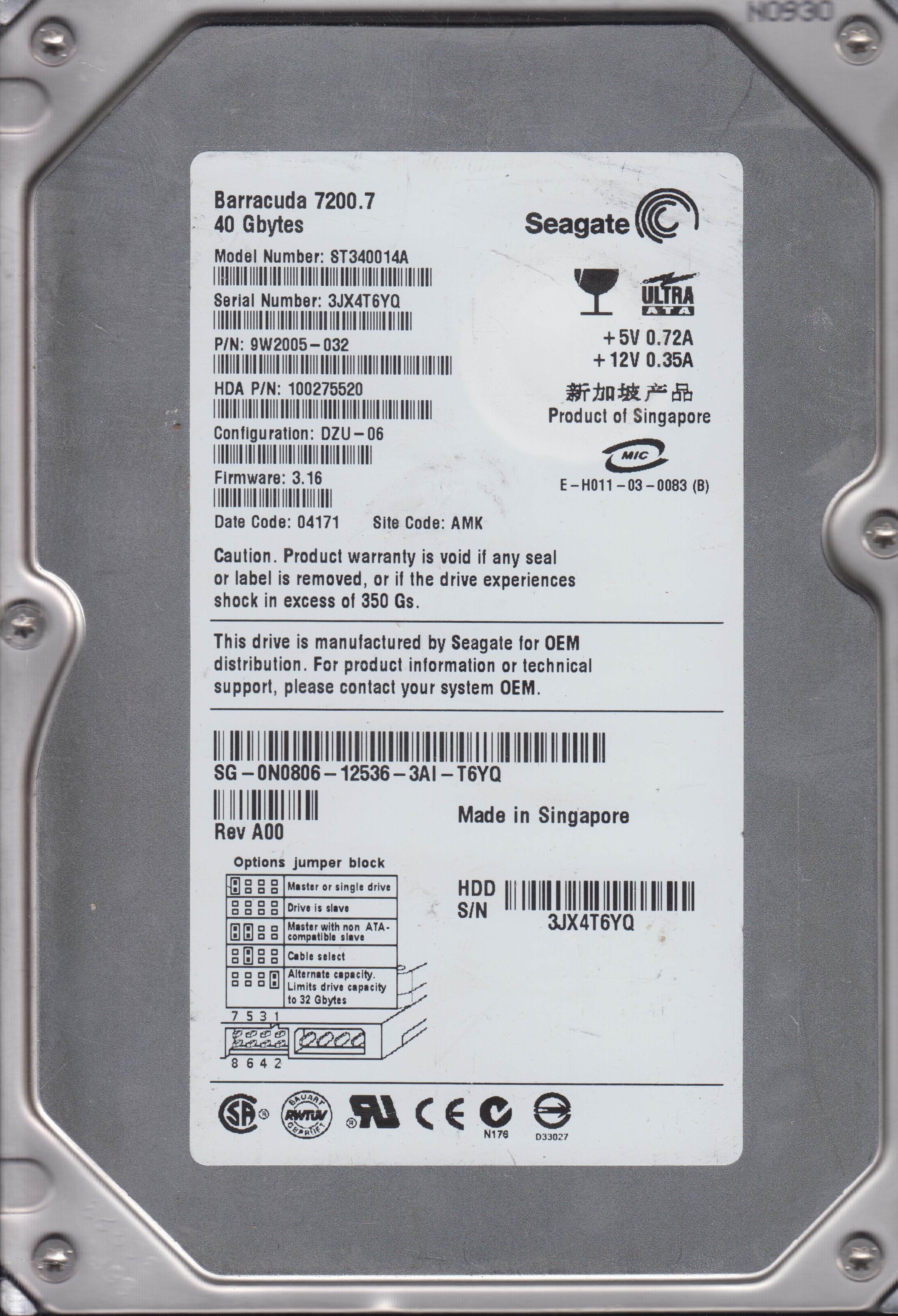 ST340014A, P/N 9W2005-032 FW 3.10  40GB 3.5"