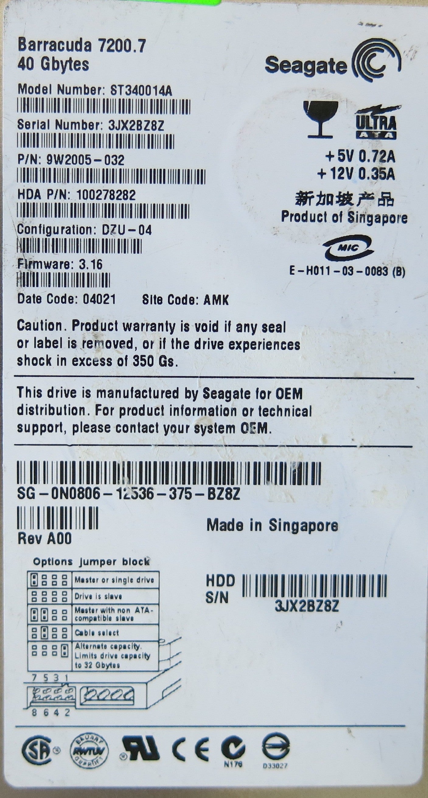 SEAGATE ST340014A P/N 9W2005-032 FW 3.16  100277699 REV A PCB