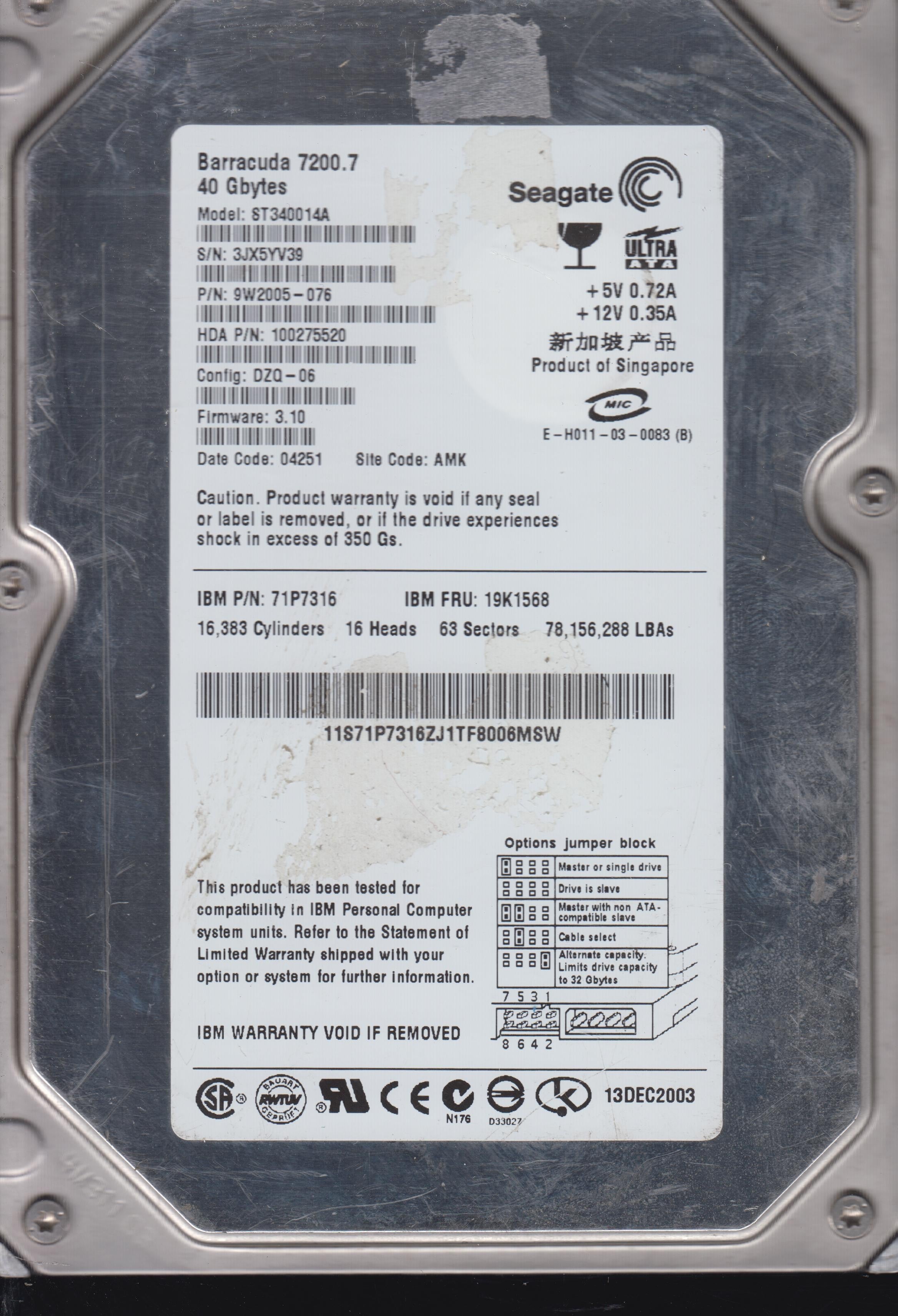 ST340014A, P/N 9W2005-076 FW 3.10  40GB 3.5"