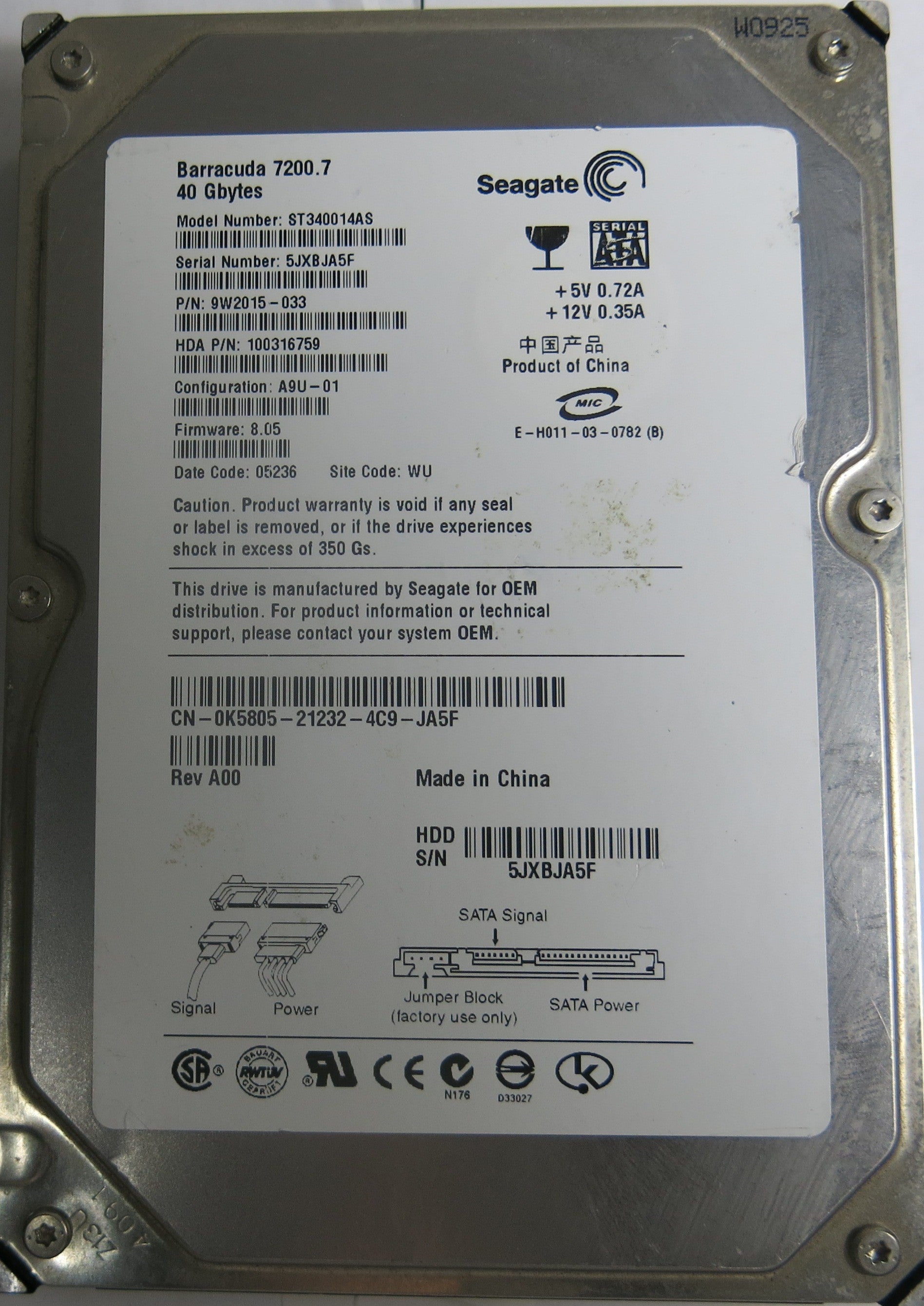 ST340014AS,Serial:5JXBAJA5F,40GB 3.5
