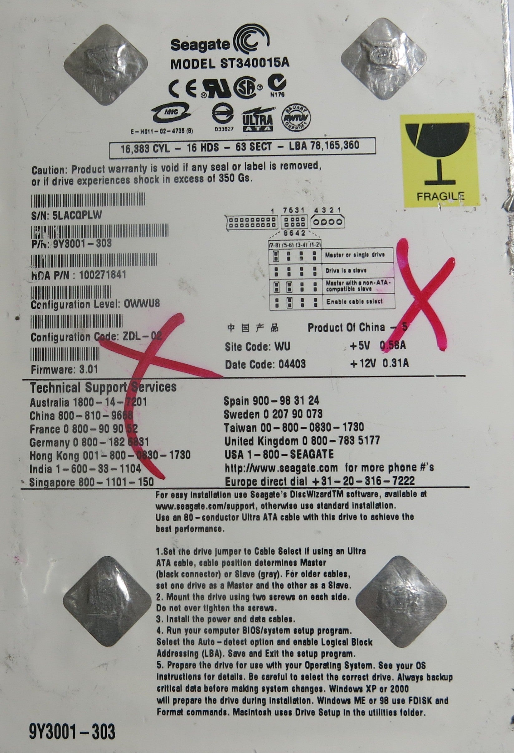 ST340015A,Serial:5LACQPLW,40GB 3.5