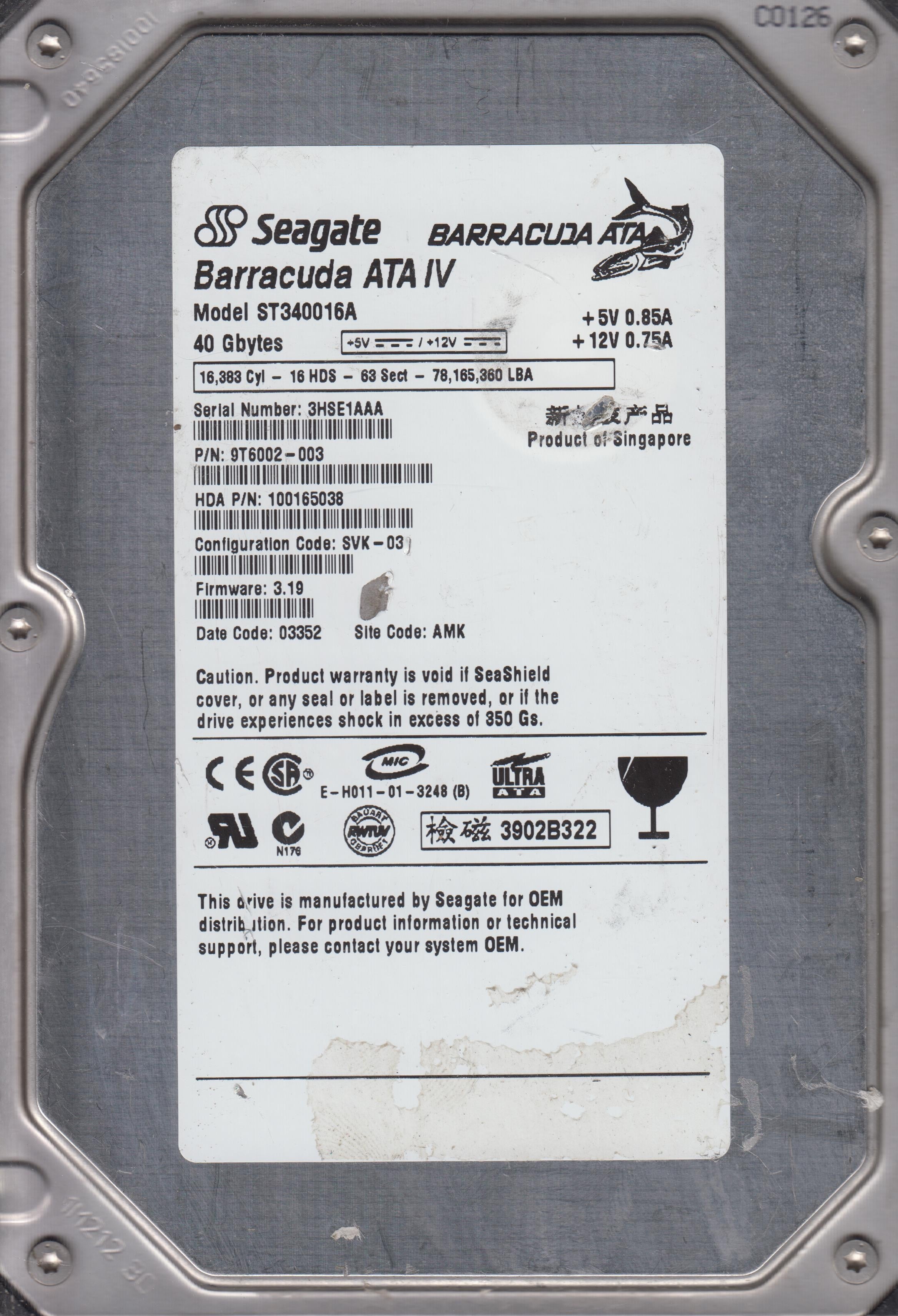 ST340016A, P/N 9T6002-003  FW 3.19 40GB 3.5