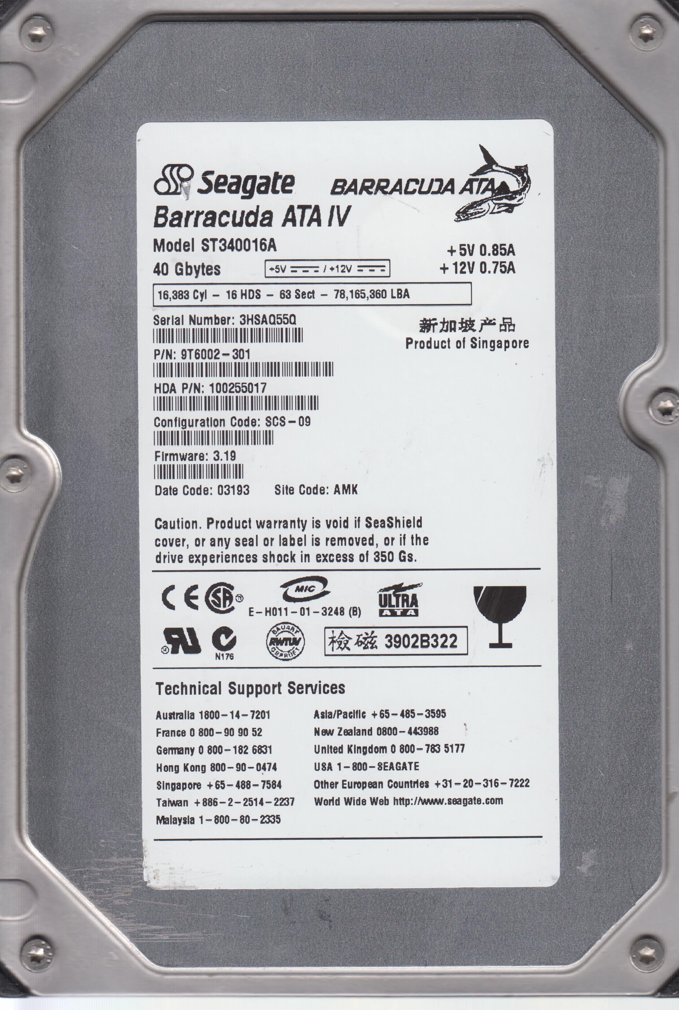 ST340016A, P/N 9T6002-301 FW 3.19 40GB 3.5