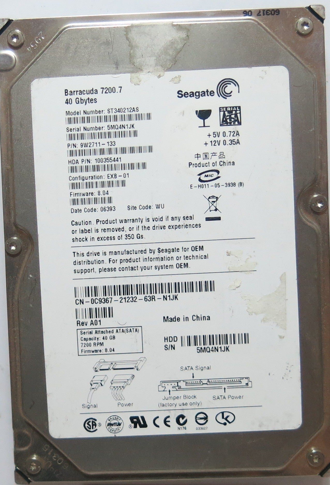 ST340212AS PCB: 100331803 REV B SERIAL: 5MQ4N1JK PN 9W2711'133 FW 8.04 40,GB