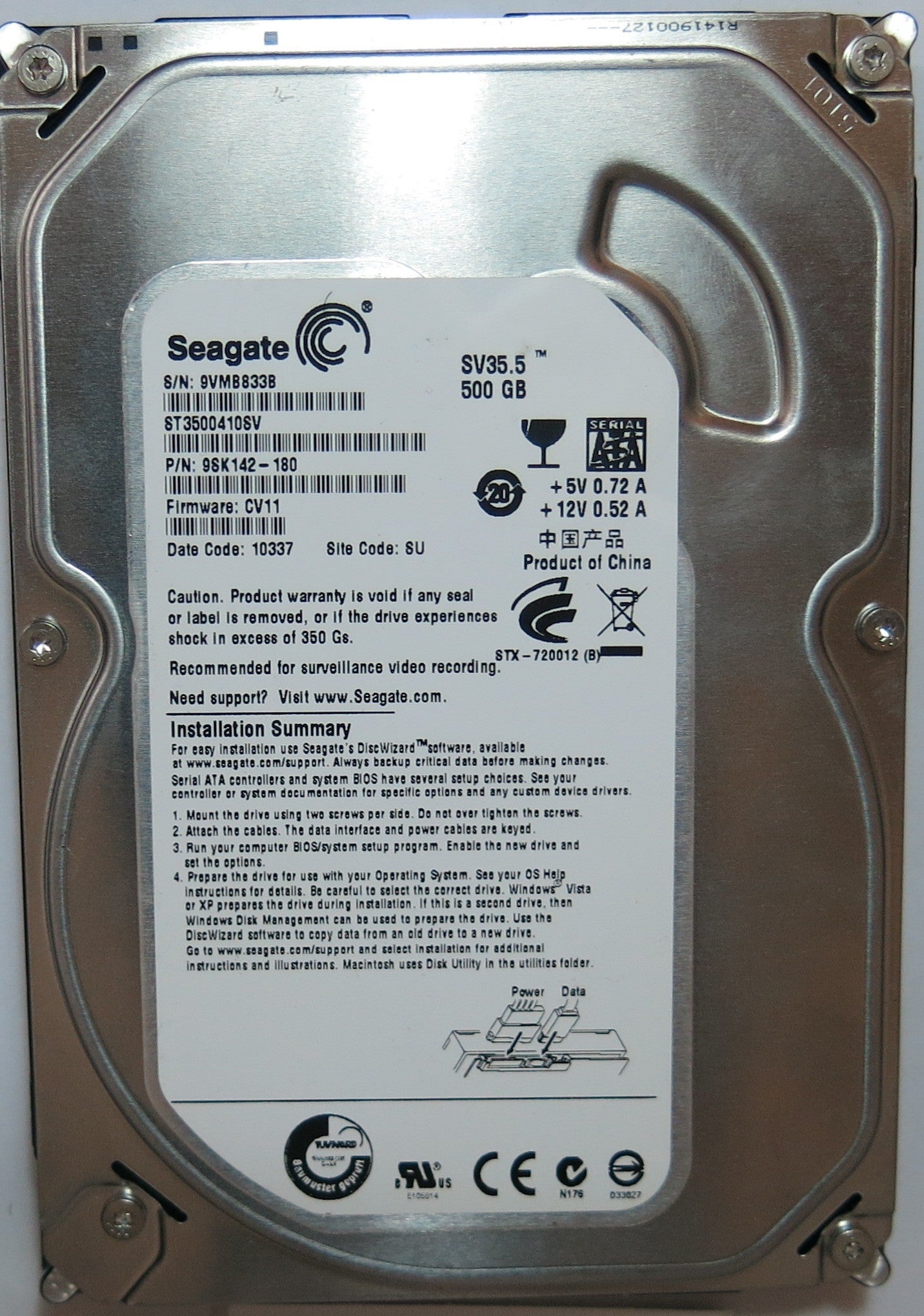 T3500410SV,  Serial:9VMB833B,  500GB 3.5,  PCB:100535704- REV A