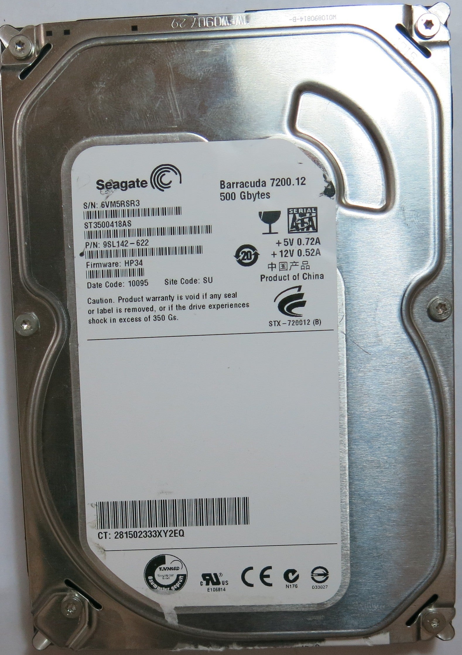 ST3500418AS PCB: 100535704 REV B SERIAL 6VM5RSR3 PN 9SL142'622  FW HP34  500,GB