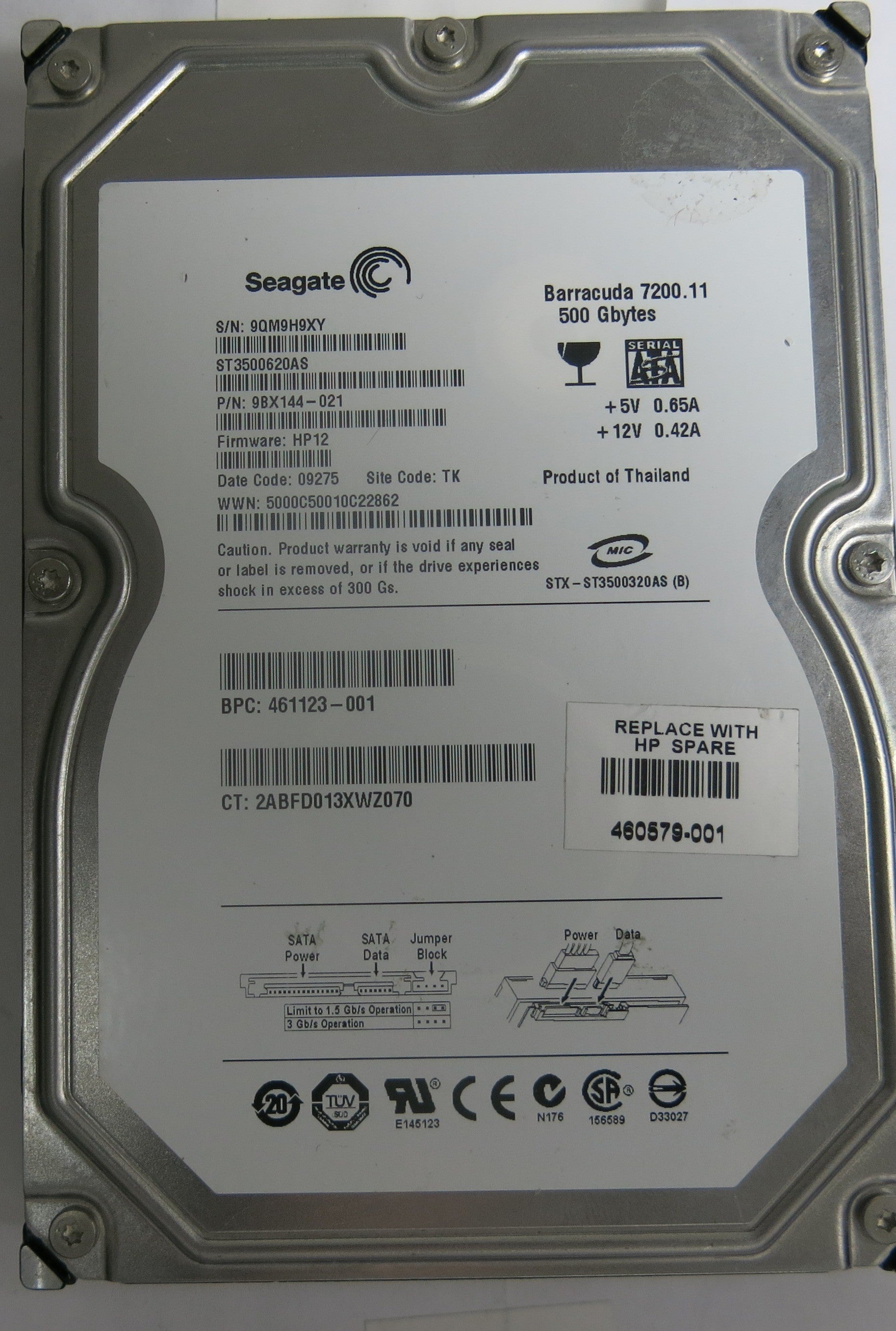 ST3500620AS ,Serial:9QM9H9XY,500GB 3.5