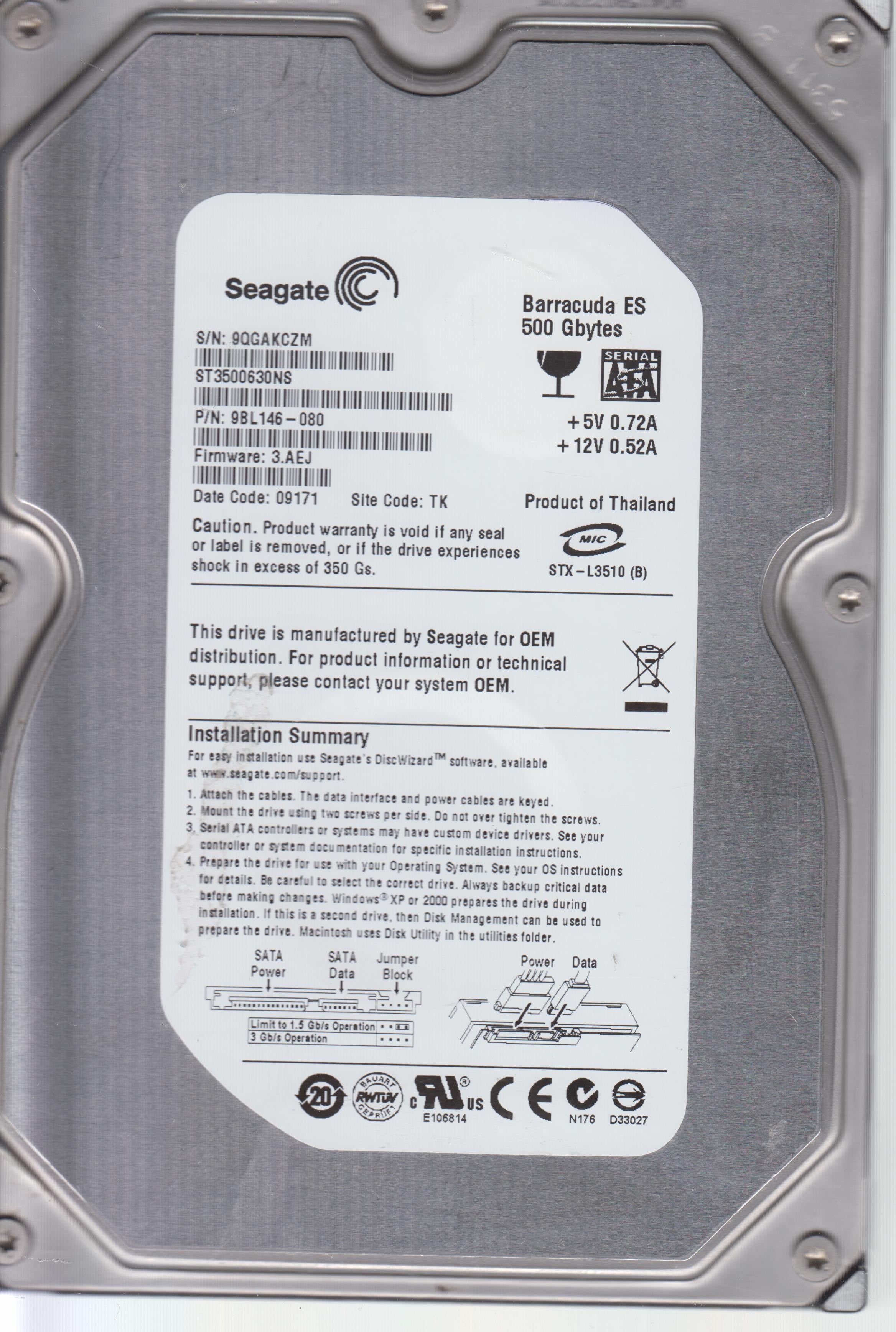 ST3500630NS, FW 3.AEJ PN 9BL146-080 3.5" 500 GB