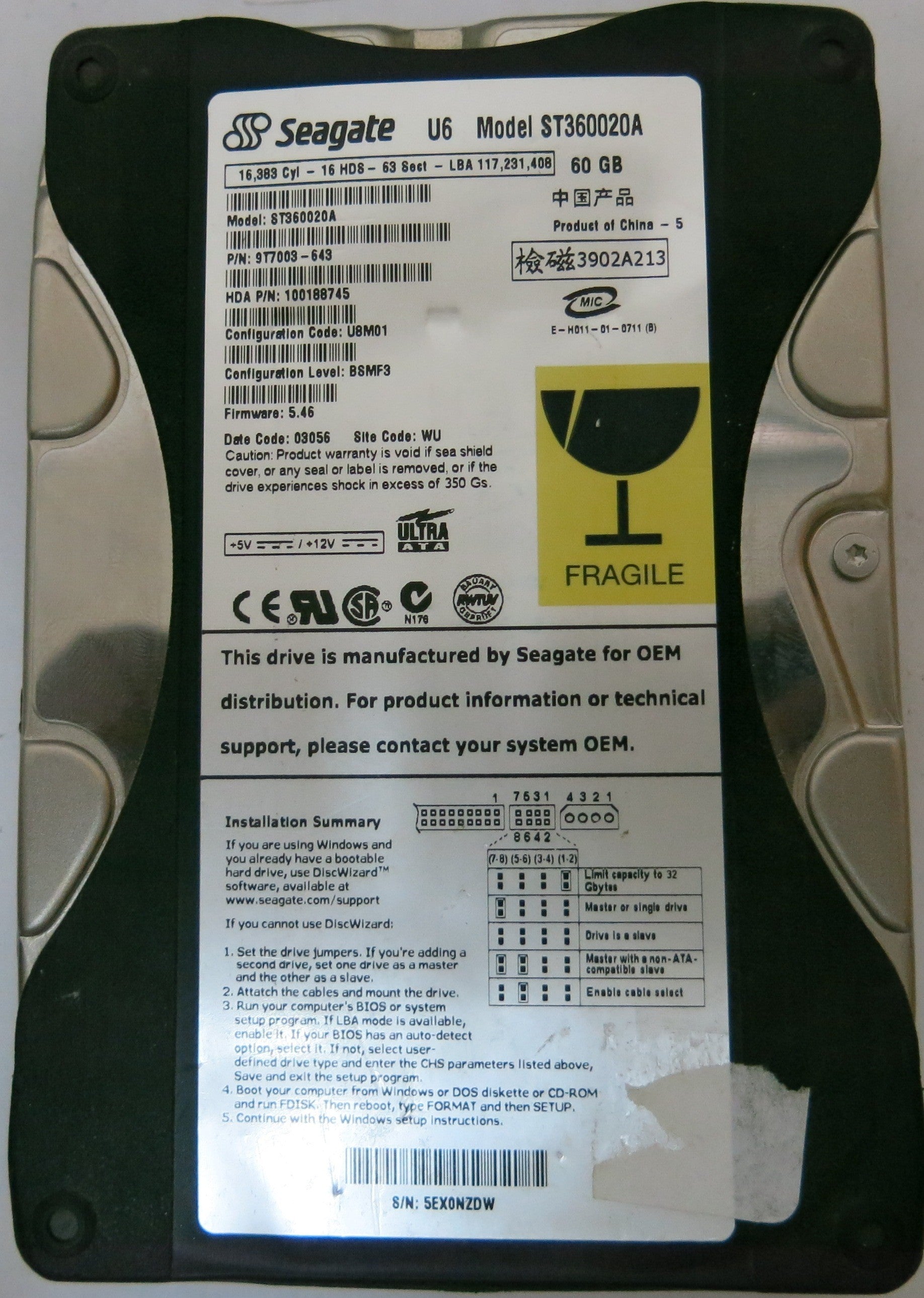 ST360020A&nbsp; PCB:&nbsp;100139362 SERIAL NUMBER:&nbsp;5EX0NZDW  FW 5.46  PN 9T7003-643  60GB