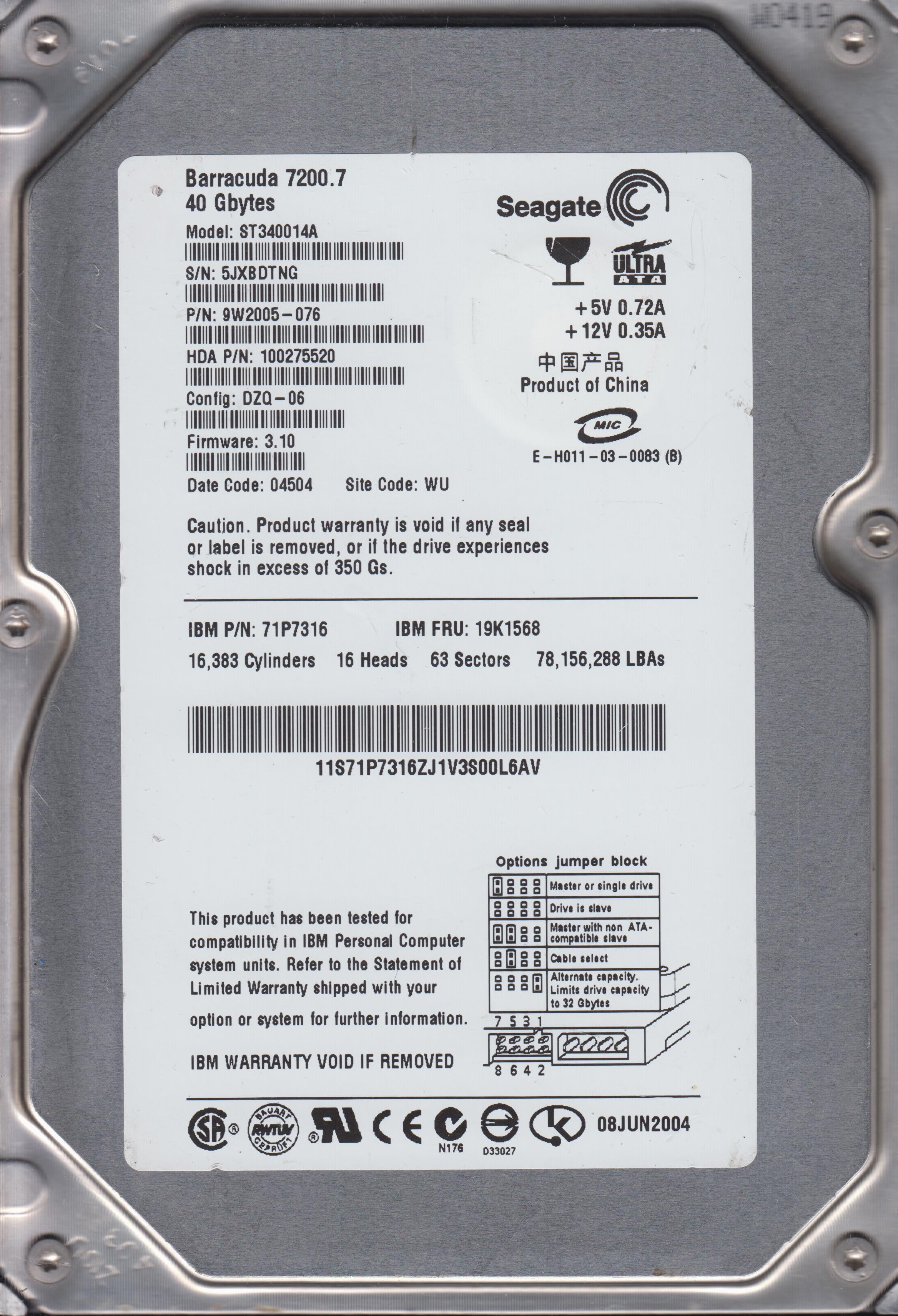 ST360021A, P/N 9W2005-076 FW 3.05 40GB 3.5