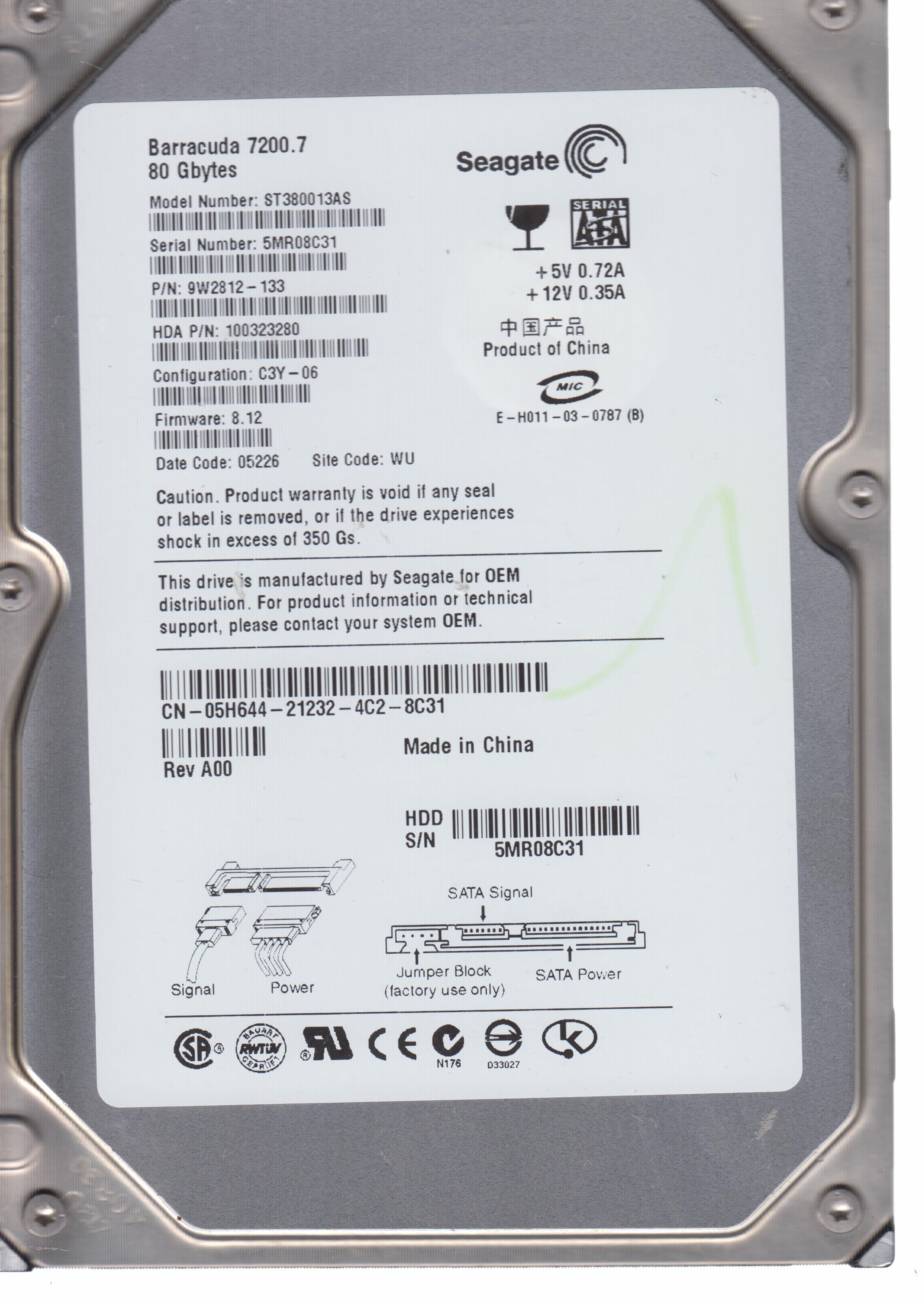 Model:ST380013AS,  PCB: 100336321 REV A, Serial Number: 5MR08C31, 80GB