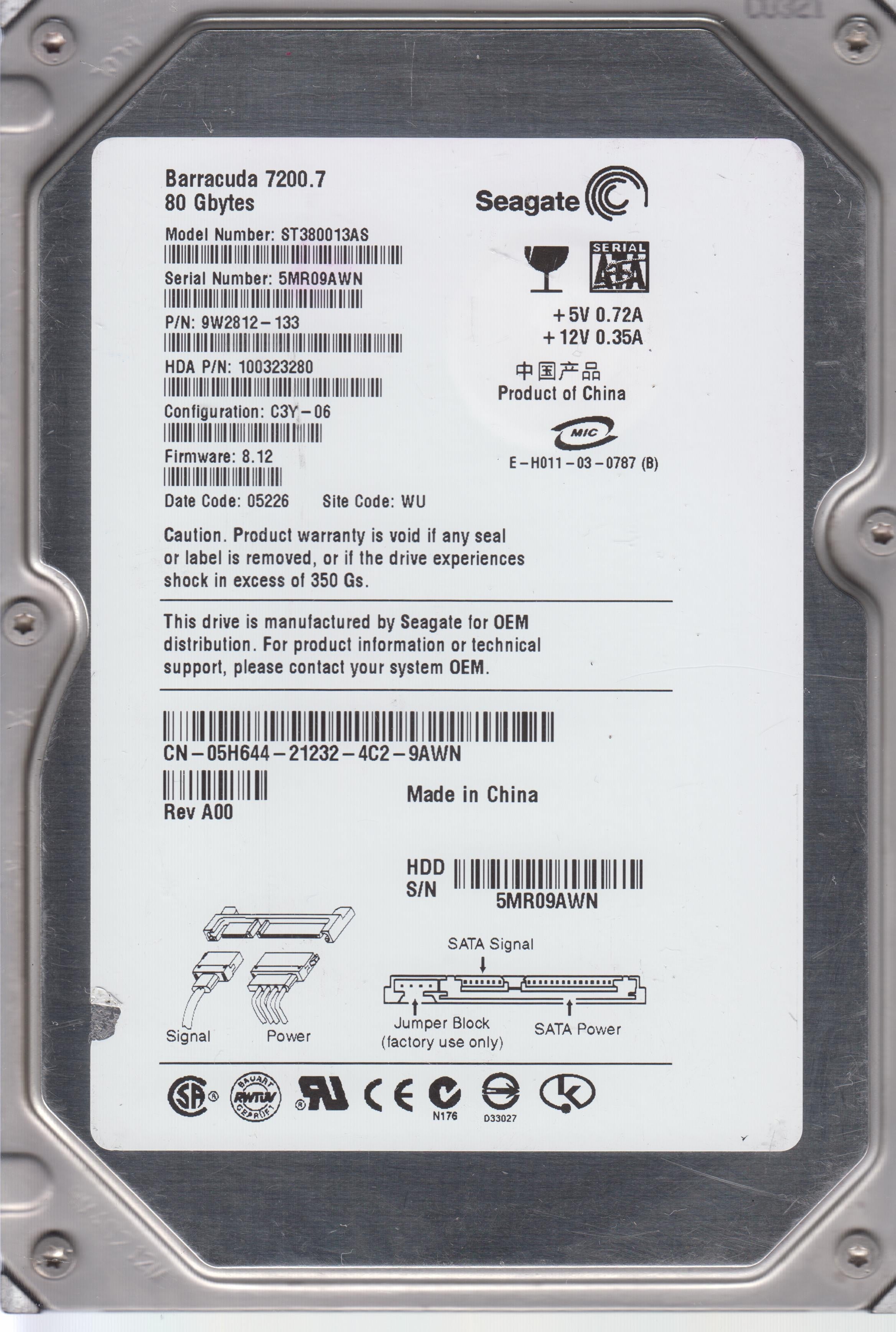 ST380013AS P/N 9W2812-133 FW 8.12 80GB 3.5