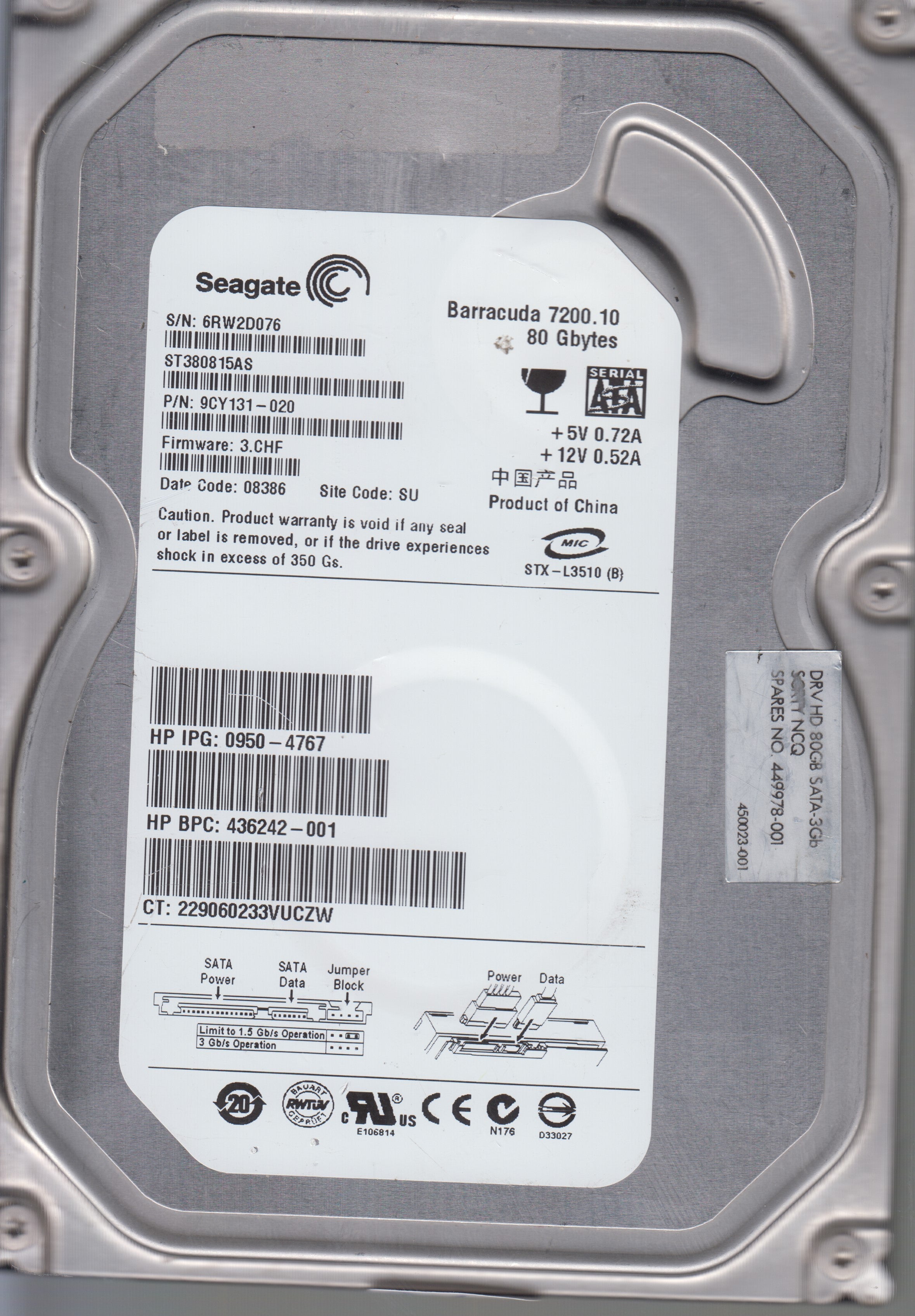 ST380815AS,Serial:6RW2D076,80GB 3.5