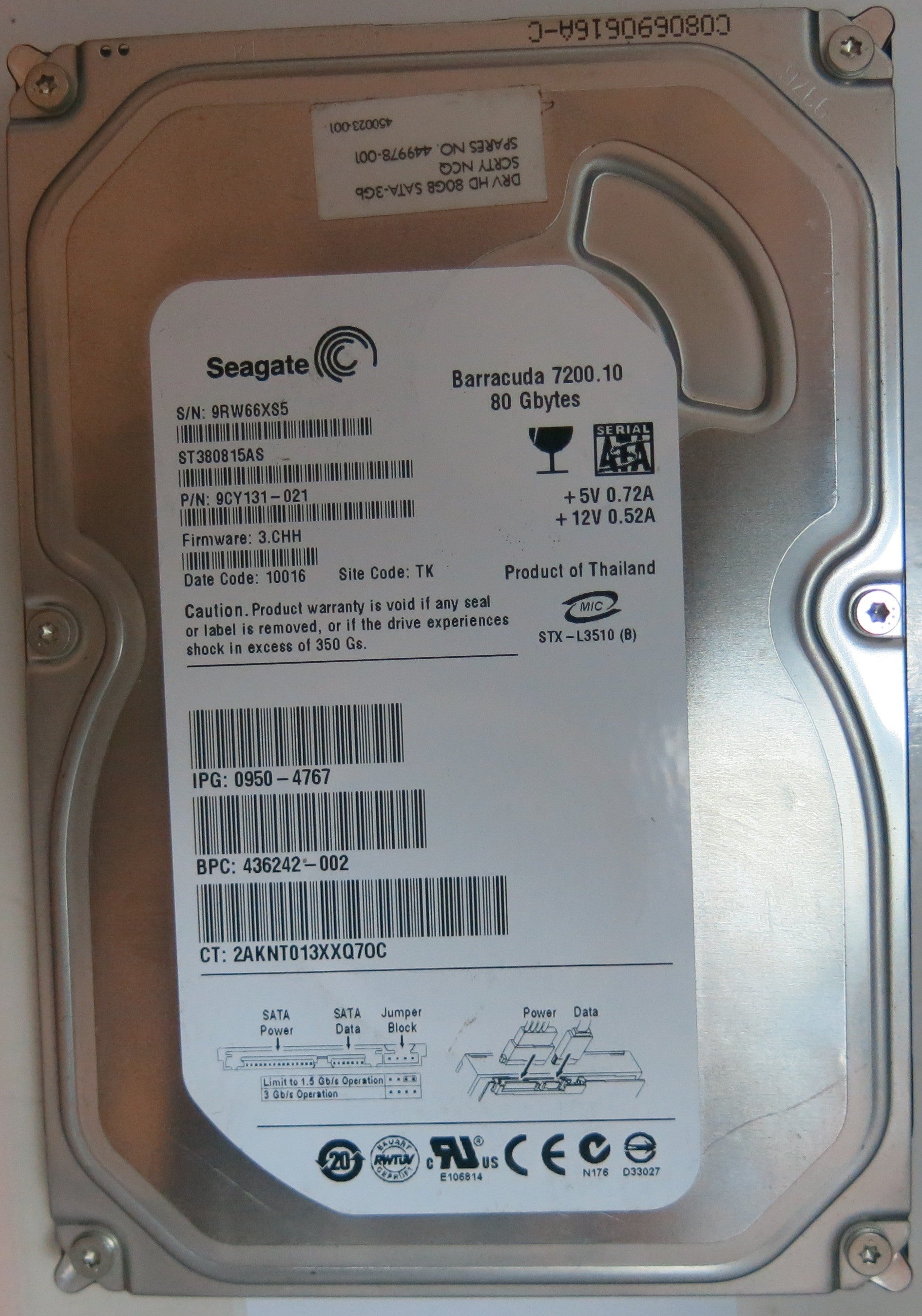 ST380815AS PCB: 100428473 REV C SERIAL NUMBER: 9RW66XS5 PN 9CY131-021 FW 3.CHH 80 GB