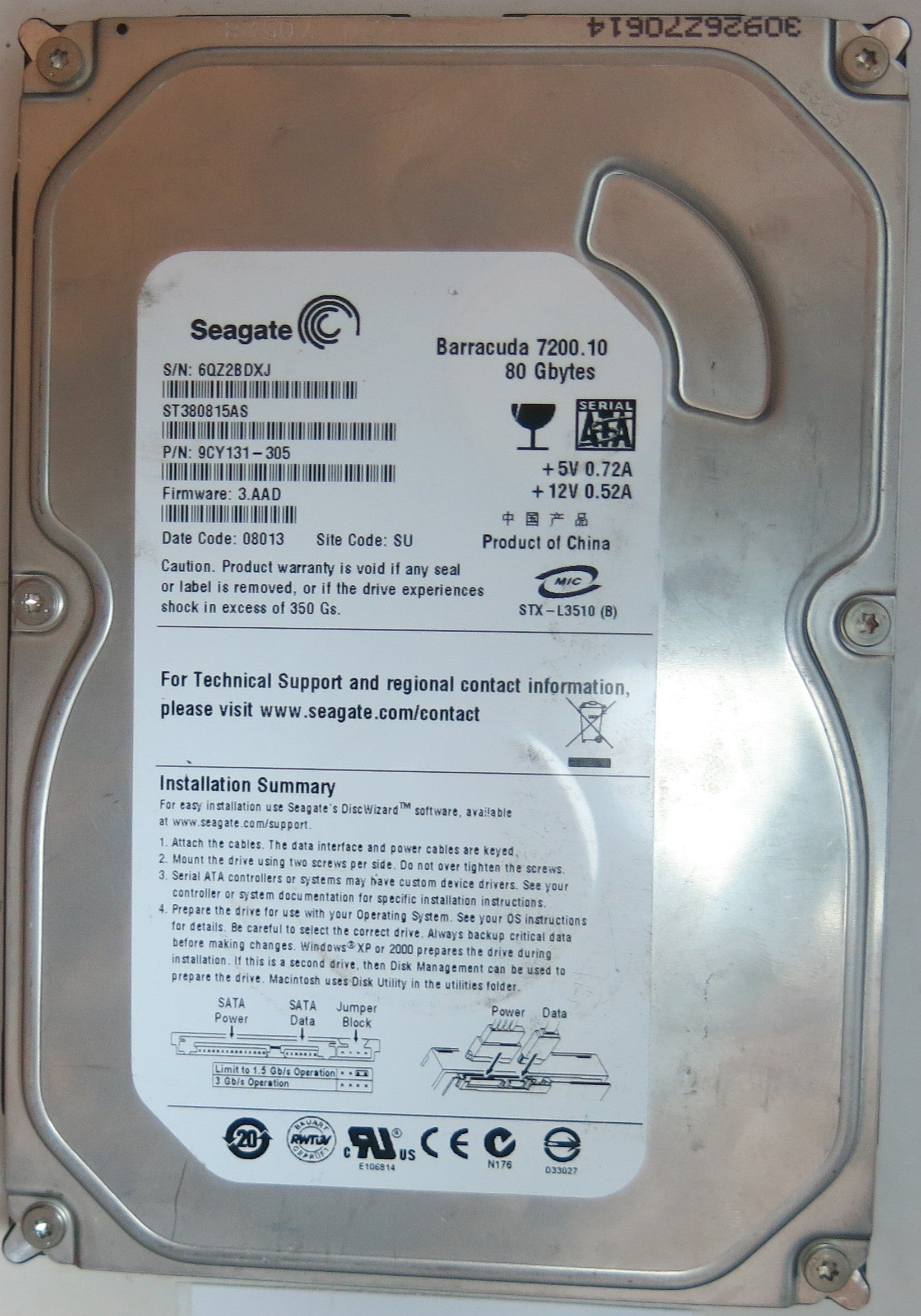 ST380815AS PCB: 100428473 REV C SERIAL NUMBER: 6QZ2BDXJ PN 9CY131-305 FW 3.AAD 80 GB