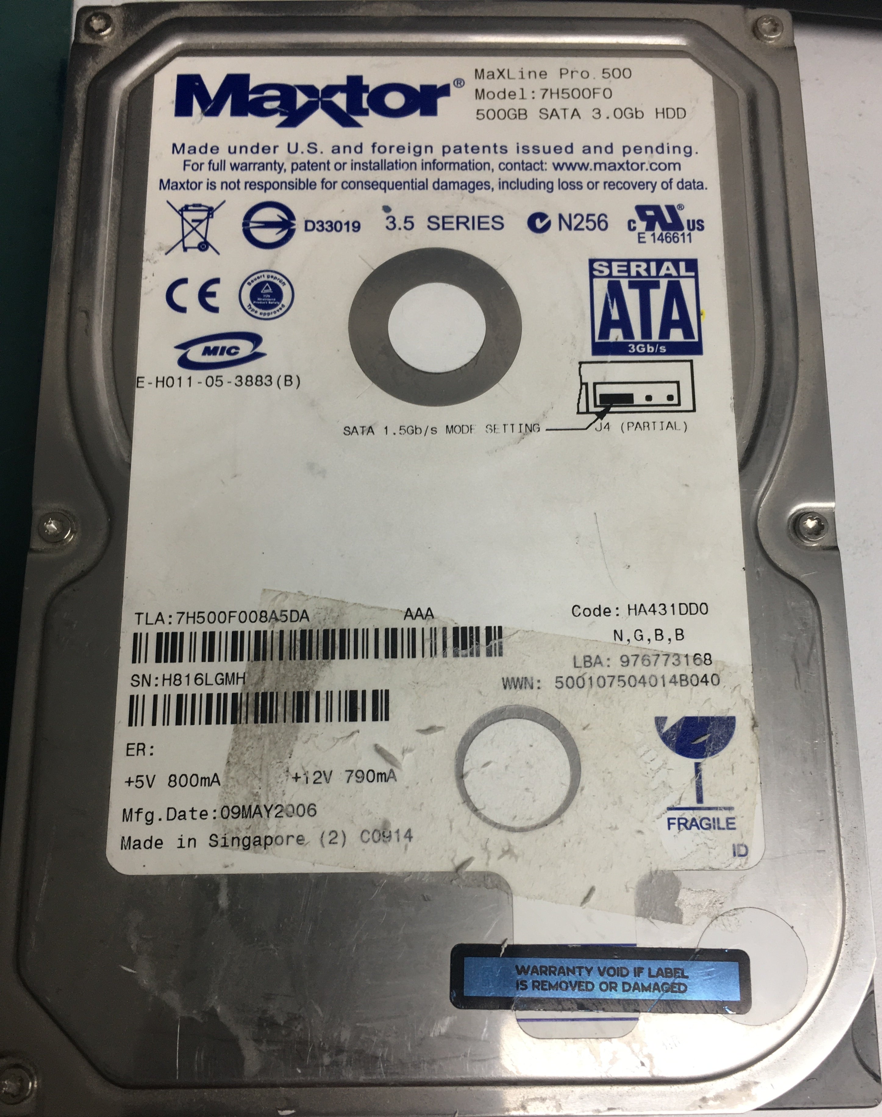 7H500F0,  Serial:H816LGMH,  500GB 3.5,  PCB:302021103- REV A
