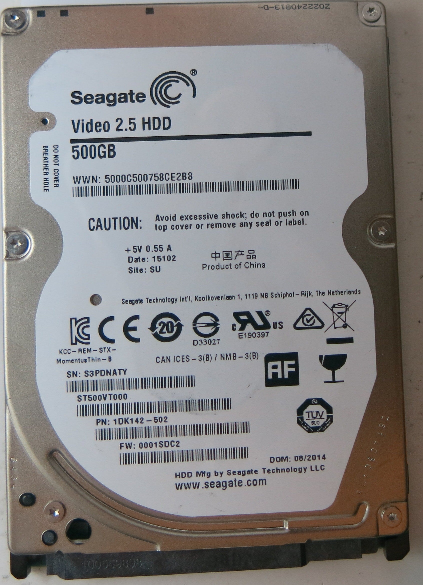 ST500VT000, PCB: 100729420 REV B, SERIAL NUMBER: S3PDNATY, PN:1DK142-502, FW:0001SDC2, 500 GB,
