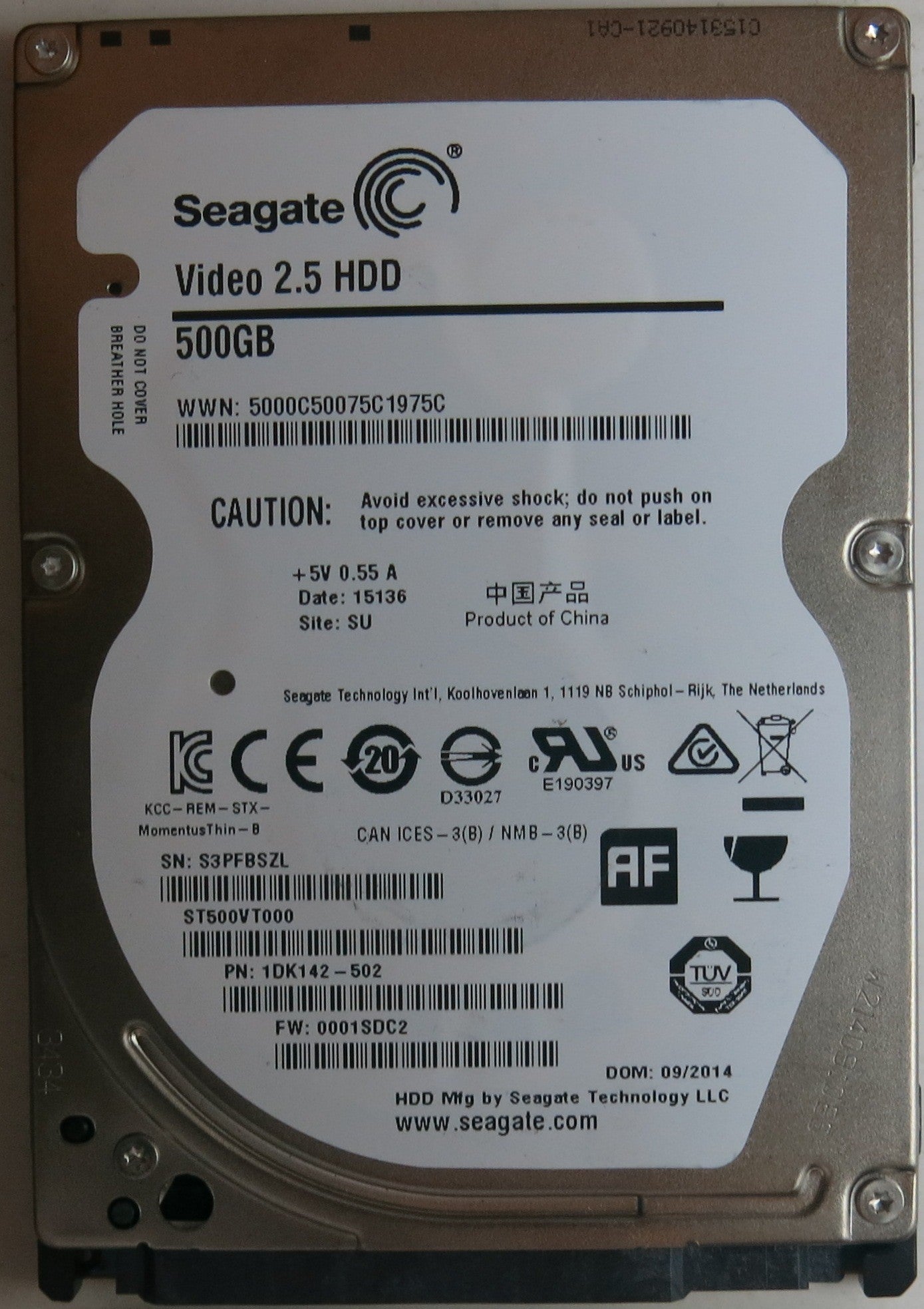 ST500VT000 PN 1DK142-502 FW 0001SDC2 500 GB PCB: 100729420 REV B SERIAL NUMBER: S3PFBSZL