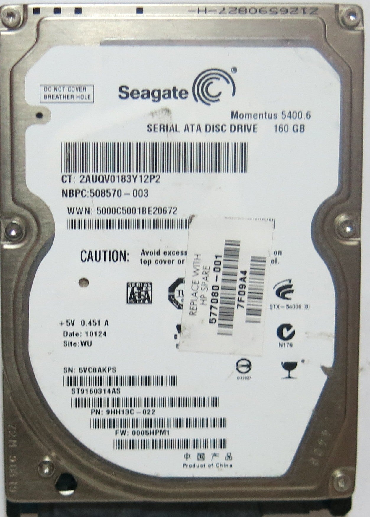 ST9160314AS, PCB: 100535597 REV D, SERIAL: 5VC8AKPS, FW: 0005HPM1, 160GB,