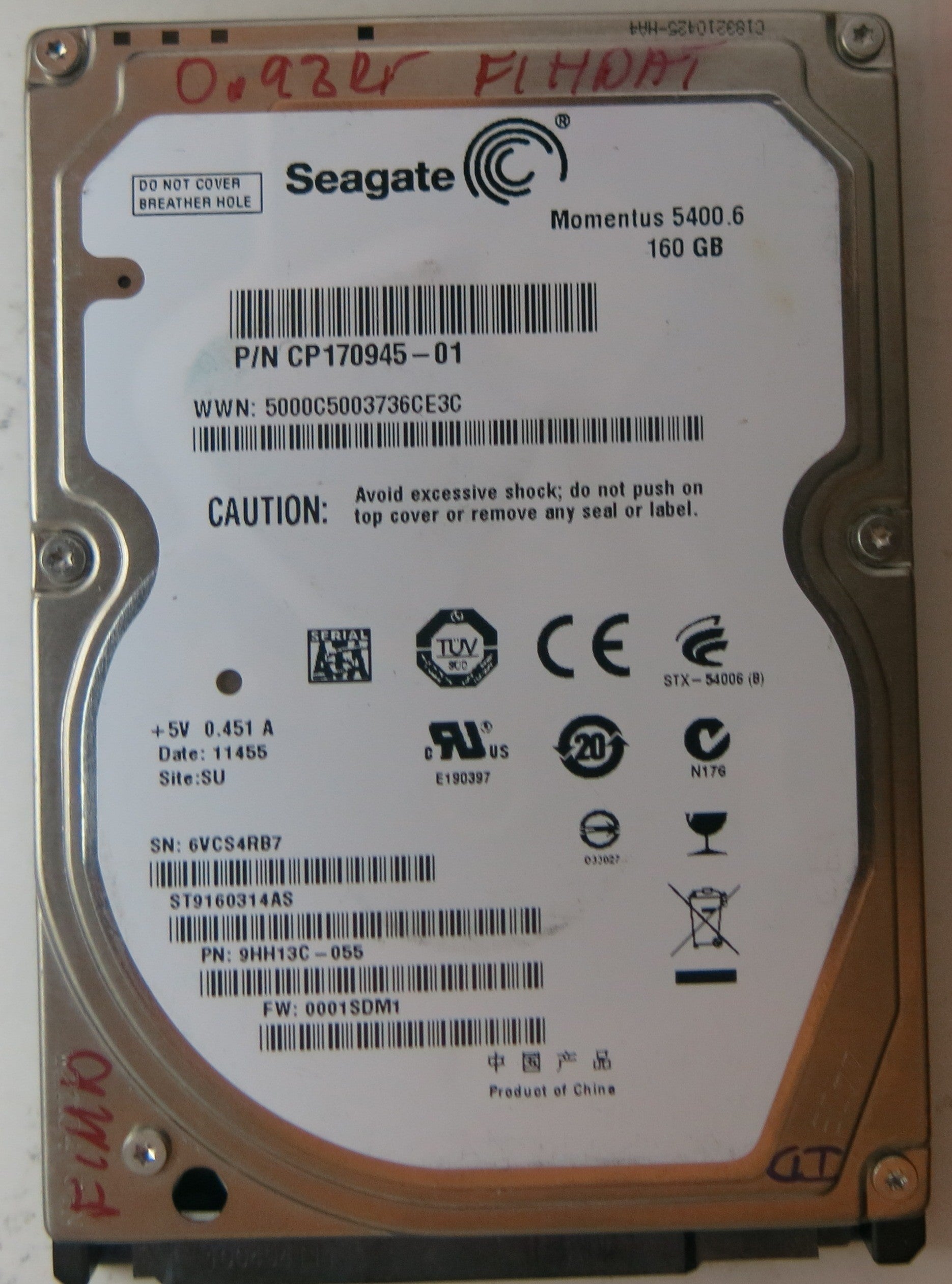 ST9160314AS PCB: 100536286 REV E SERIAL NUMBER: 6VCS4RB7 PN 9HH13C-055 FW 0001SDM1 160 GB