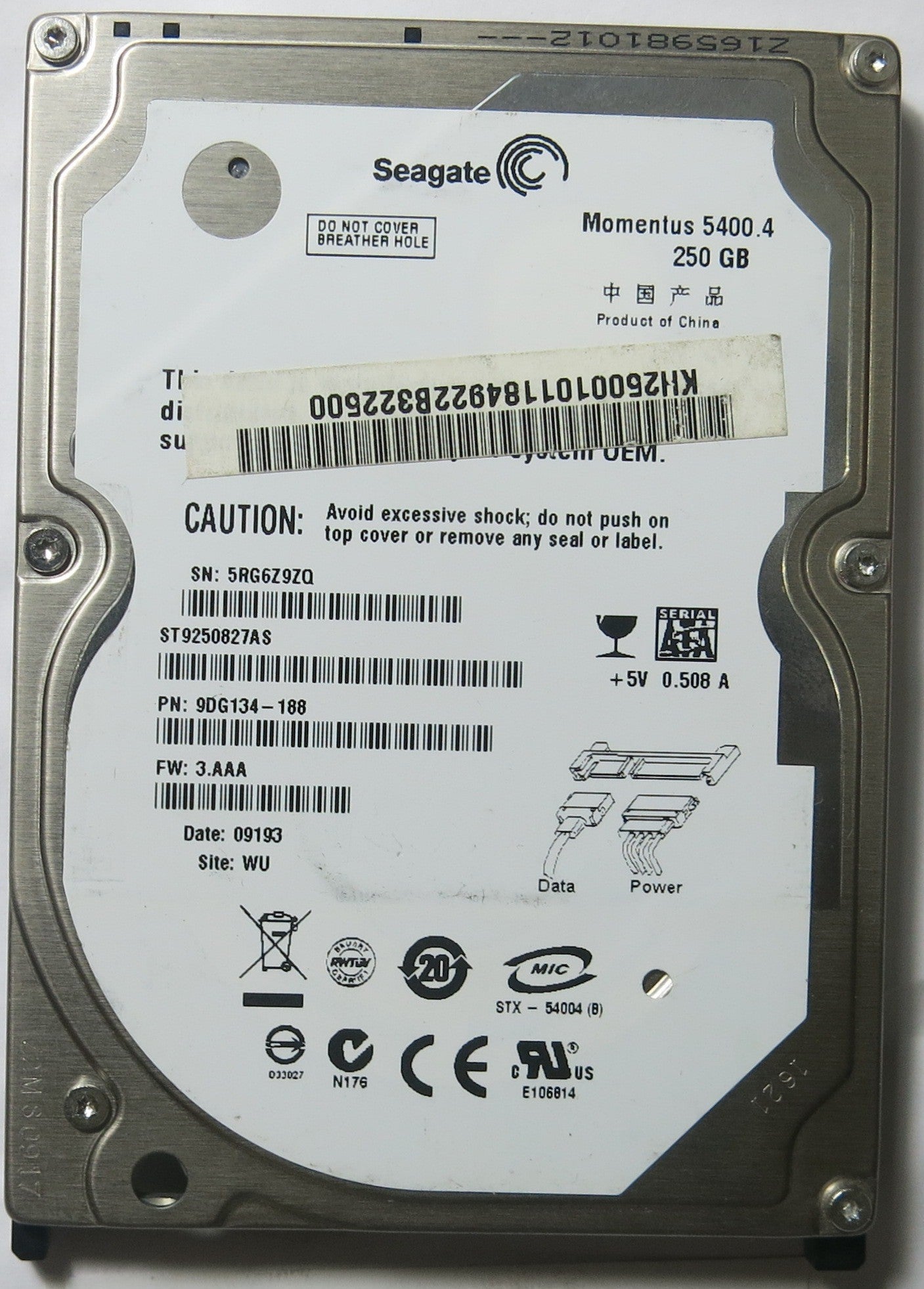 SEAGATE ST9250827AS 9DG134-188 FW 3.AAA 100484444 REV A
