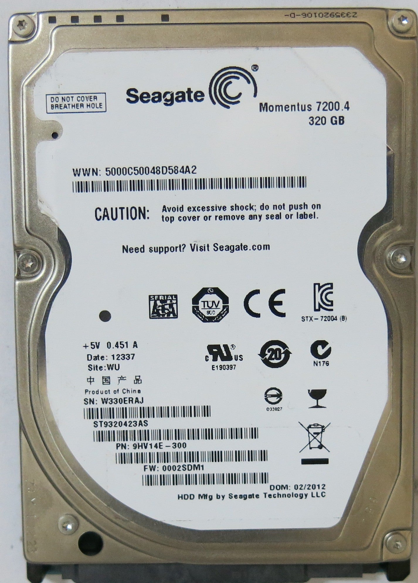 SEAGATE ST9320423AS PN 9HV14E-300FW 0002SDM1 320,GB