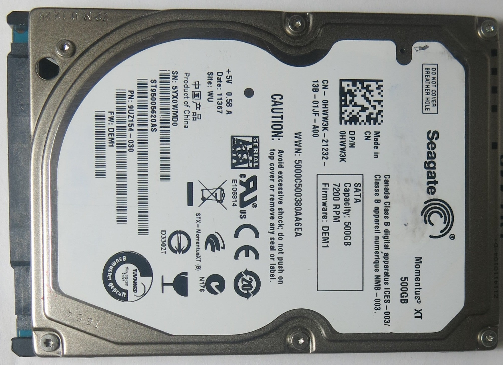ST95005620AS, PN 9UZ154-030, FWDEM1, PCB: 100612797 REV A, SERIAL NUMBER: 5YX0WMD0, 500 GB 2.5,