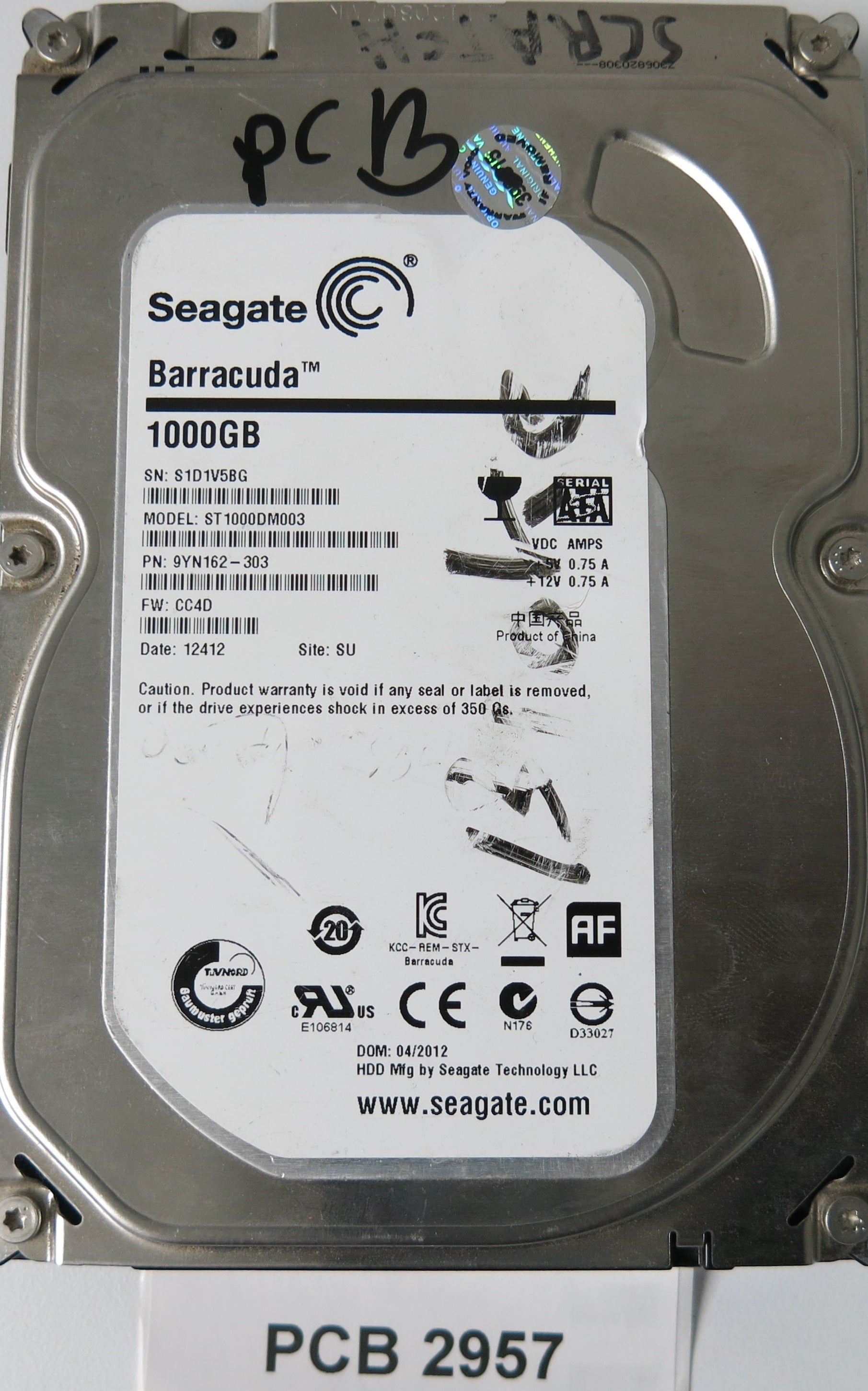 ST1000DM003 P/N: 9YN162-303, FW: CC4D, Serial: S1D1V5BG, 1000GB 3.5, PCB: 100664987 REV A
