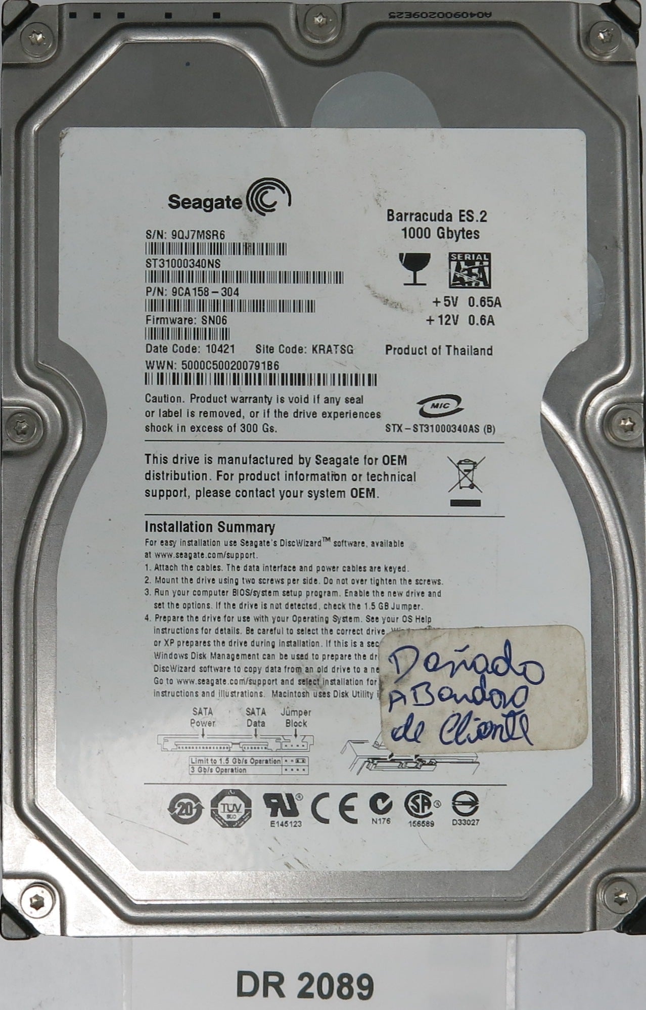 ST31000340NS, P/N: 9CA158-304, FW: SN06, Serial: 9Q7MR6, 1000GB 3.5, PCB: 100468824 REV C