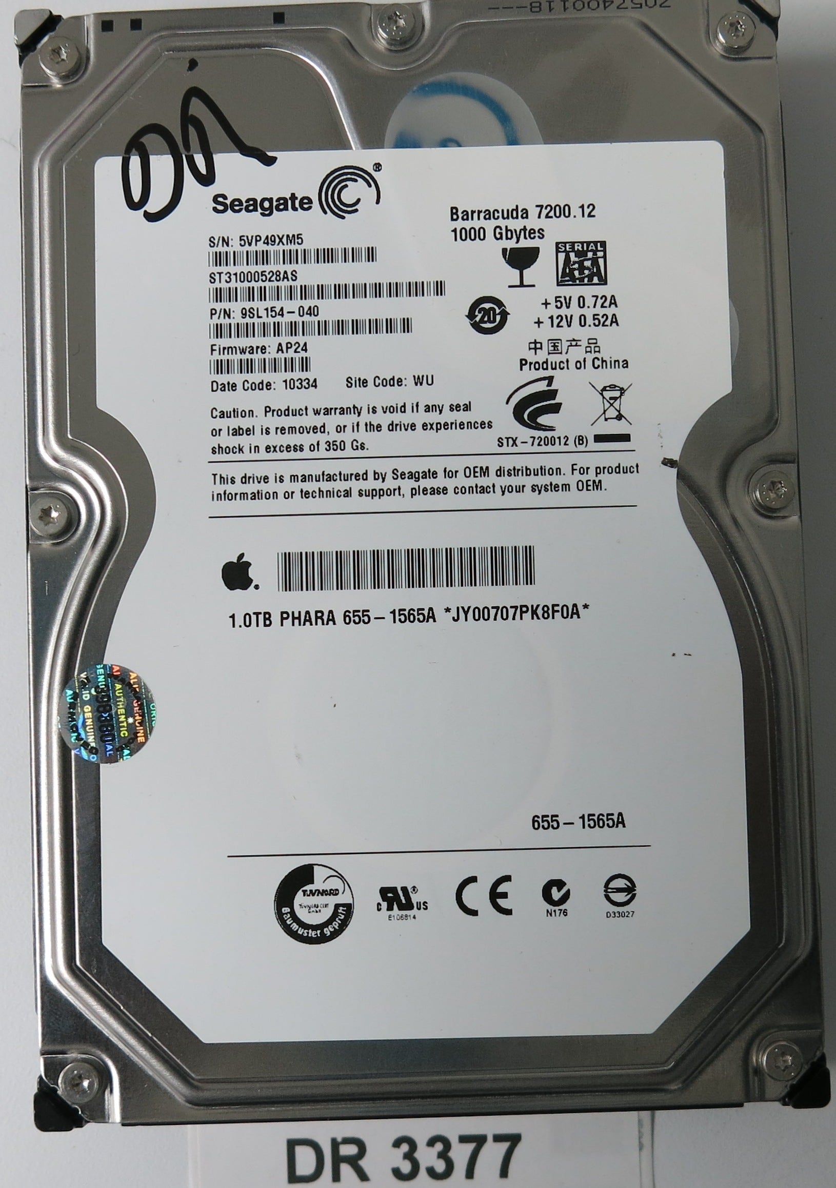 ST31000528AS, P/N: 9SL154-040, FW: AP24, Serial: 5VP49XM5, 1000GB 3.5, PCB: 100535537 REV A