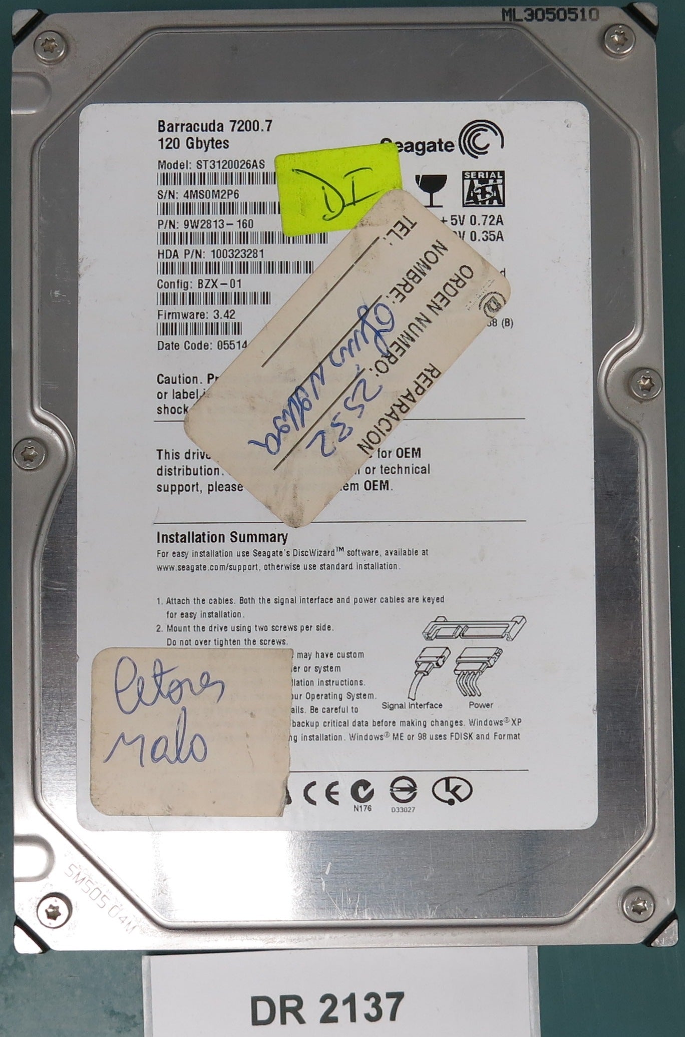 ST3120026AS, P/N: 9W2813-160, FW: 3..42, Serial: 4MS0M2P6, 120GB 3.5, PCB: 100336321 REV A