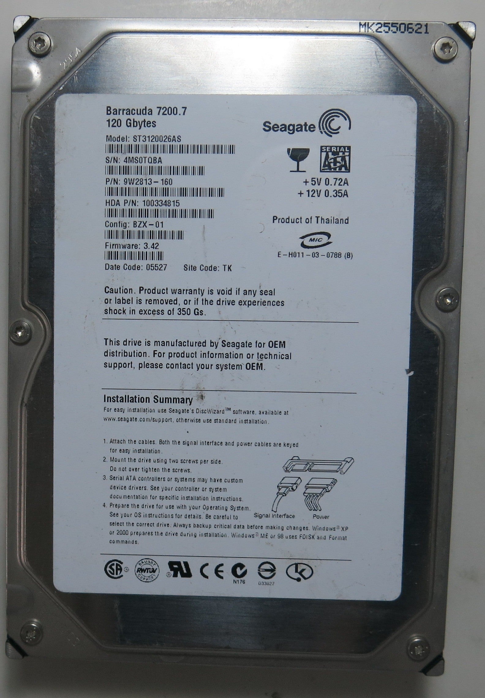 ST3120026AS PCB: 100336321 REV B SERIAL NUMBER: 4MS0TQBA PN 9W2813-160 FW 3.42 120GB