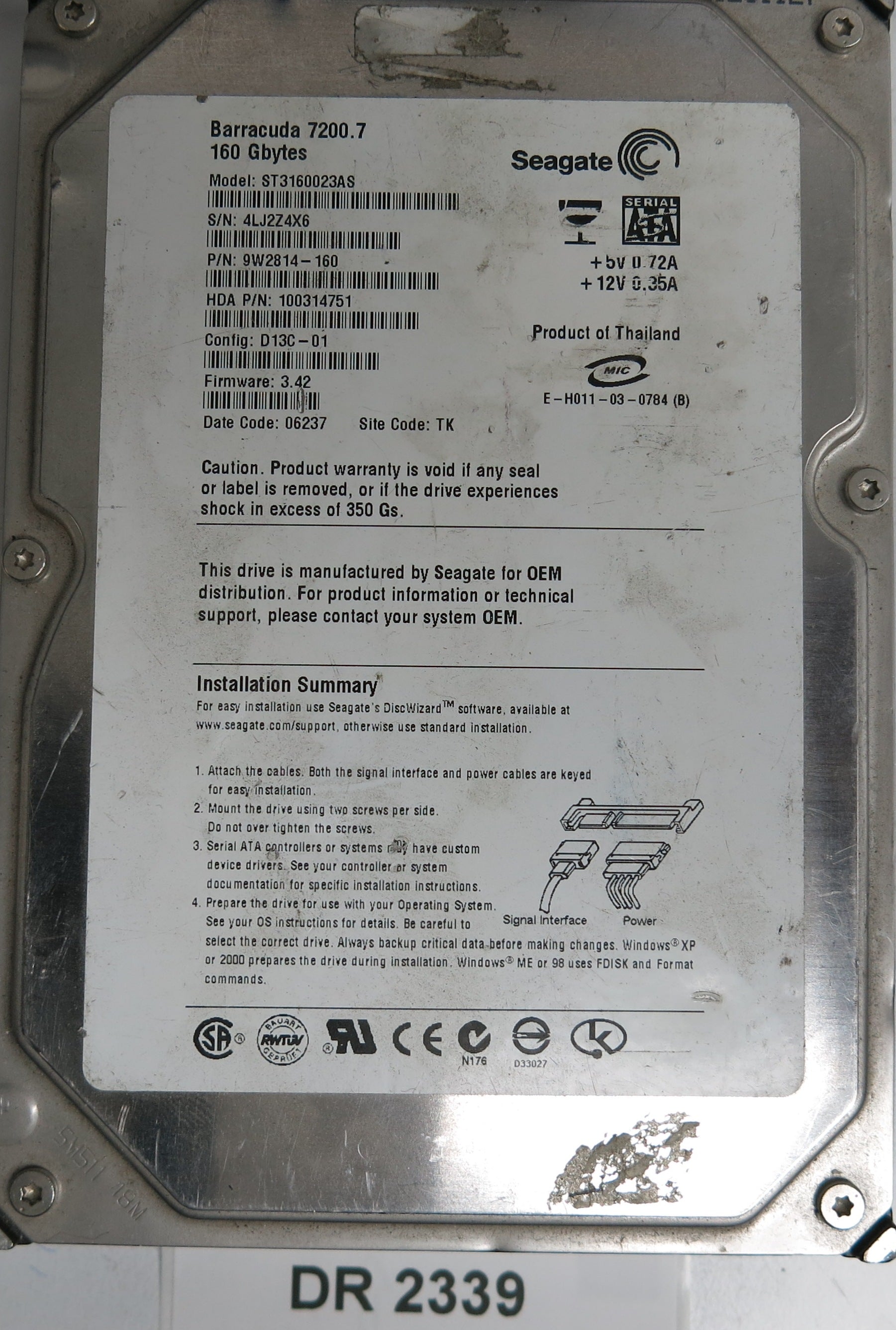 ST3160023AS, P/N: 9W2814-160, FW: 3.42, Serial: 4LJ2Z4X6, 160GB 3.5