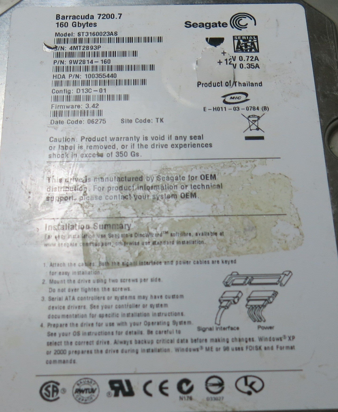 ST3160023AS PN 9W2814-160 100336321 REV B PCB