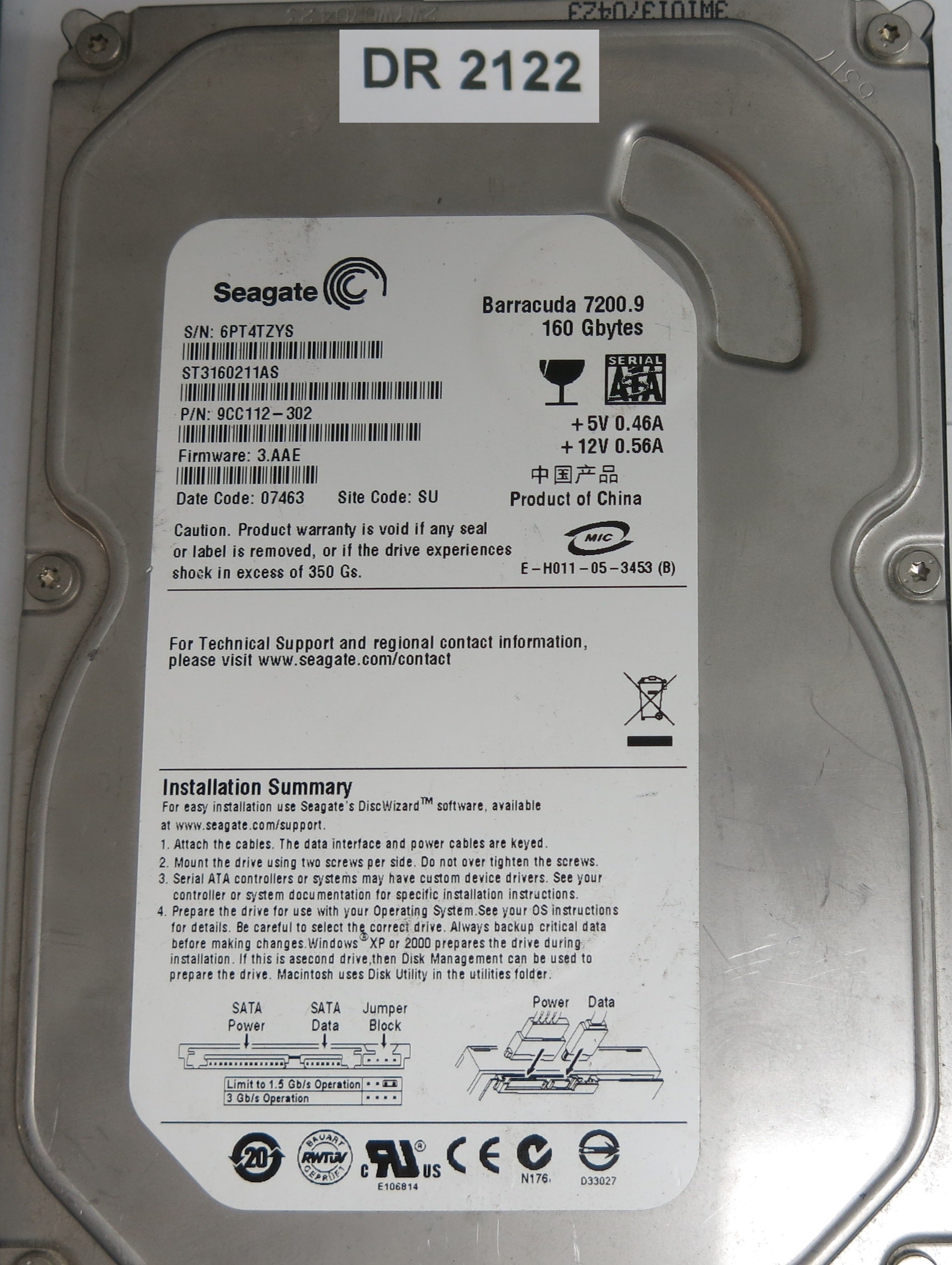 ST3160211AS, P/N: 9CC112-302, FW: 3.AAE, Serial: 6PT4TZYS, 160GB 3.5, PCB: 100422559 REV B