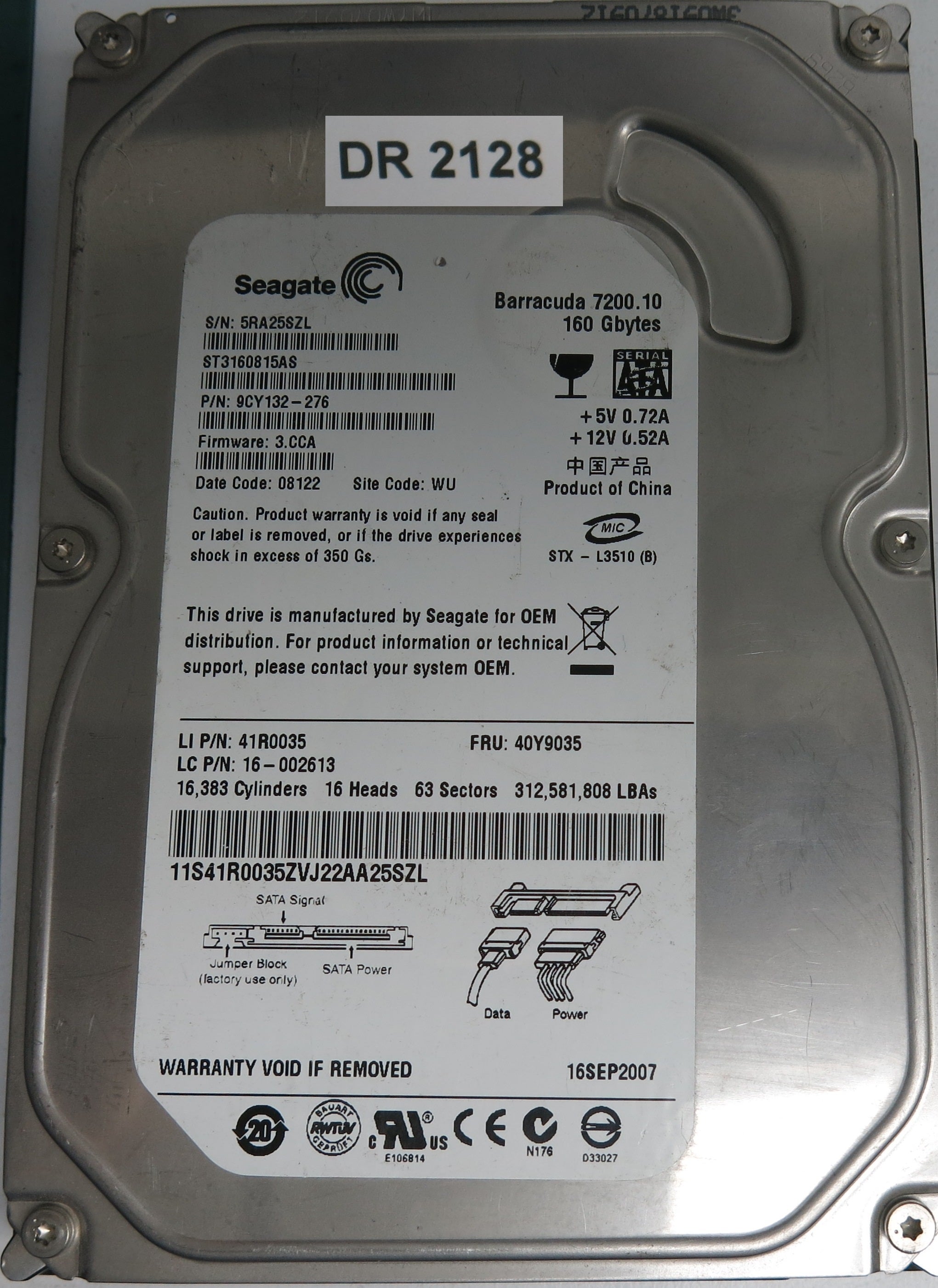ST3160815AS, P/N: 9CY132-276, FW: 3.CCA, Serial: 5RA25SZL, 160GB 3.5, PCB: 100428473 REV C