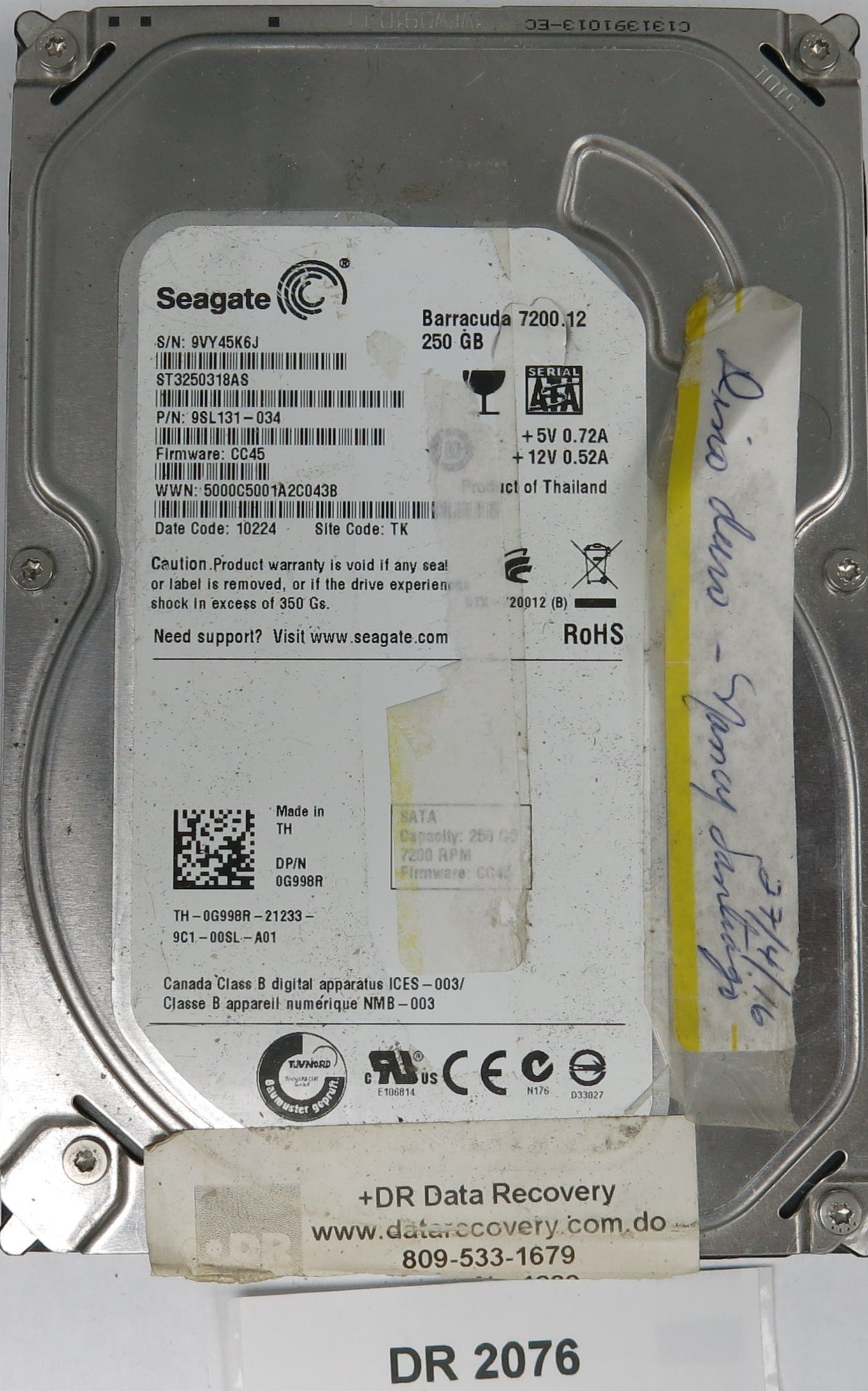 ST3250318AS, P/N: 9SL131-034, FW: CC45, Serial: 9VY45K6J, 250GB 3.5 , PCB: 100535704 REV B