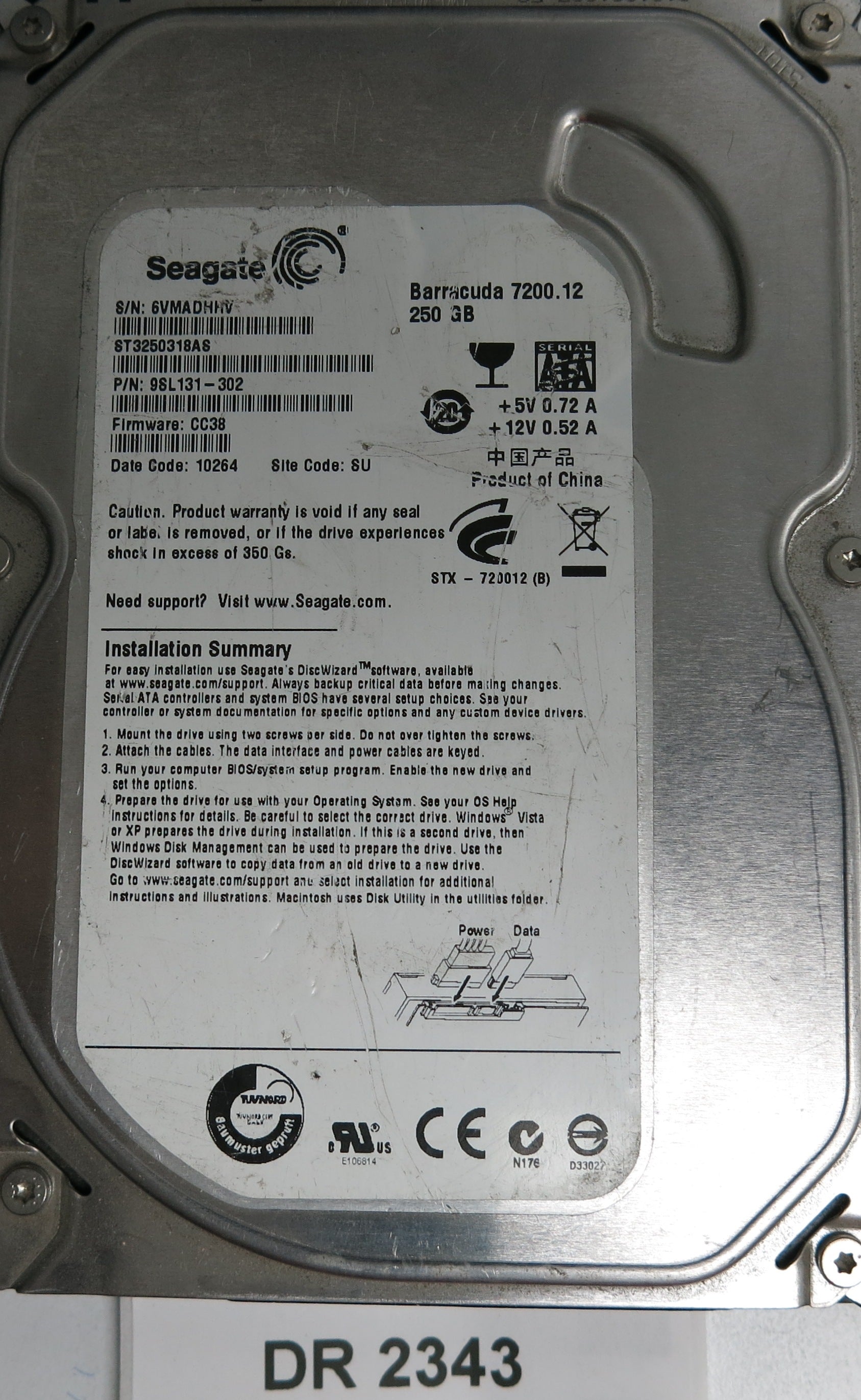 ST3250318AS, P/N: 9SL131-302, FW: CC38, Serial: 6VMADHNV, 250GB 3.5