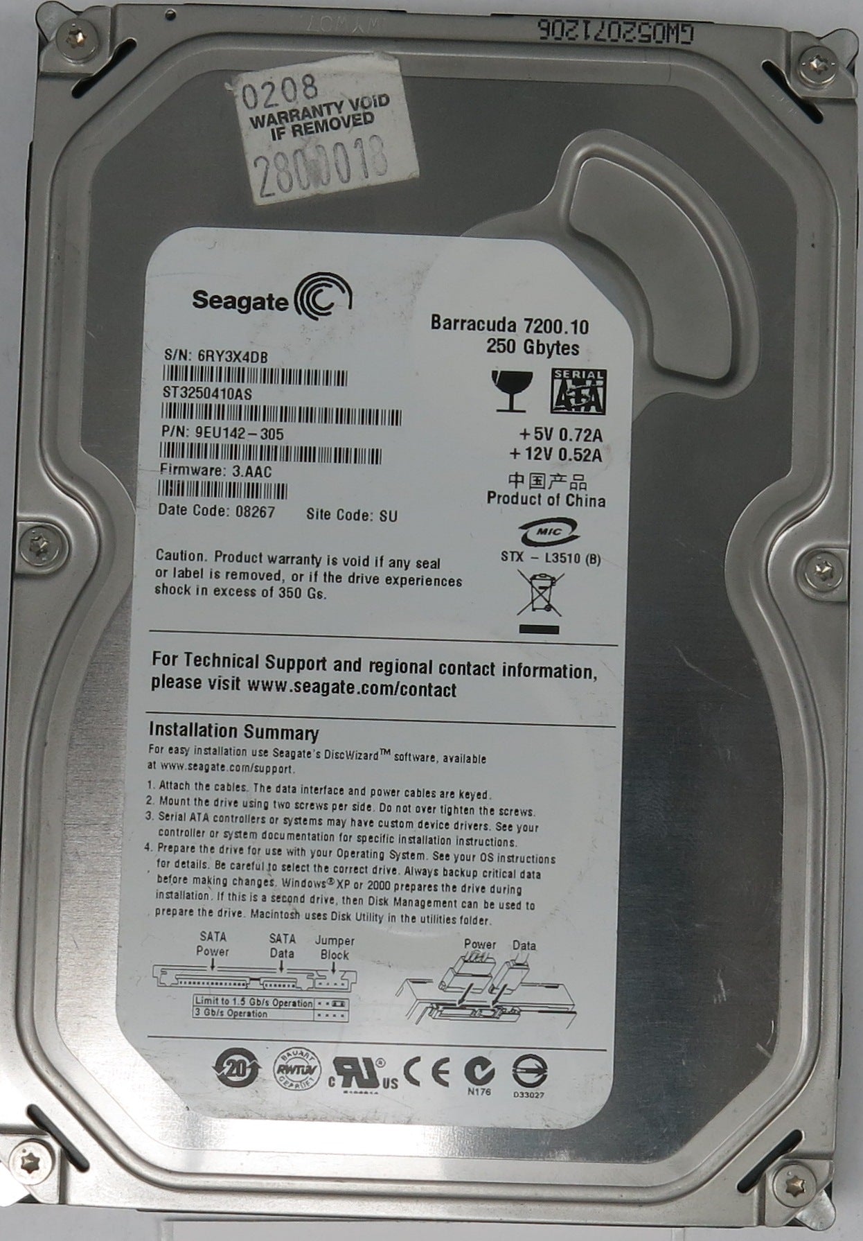 ST3250410AS P/N: 9EU142-305, FW: 3.AAC, Serial: 6RY3X4DB, 250GB 3.5, PCB: 100468303 REV A