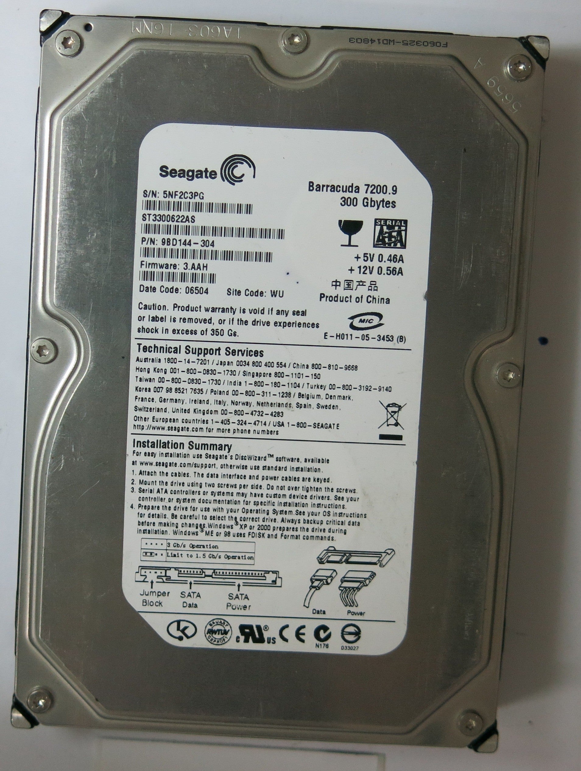 ST3300622AS PCB: 100355589 REV C SERIAL NUMBER: 5NF2C3PG PN 9BD144-304 FW 3.AAH 300GB