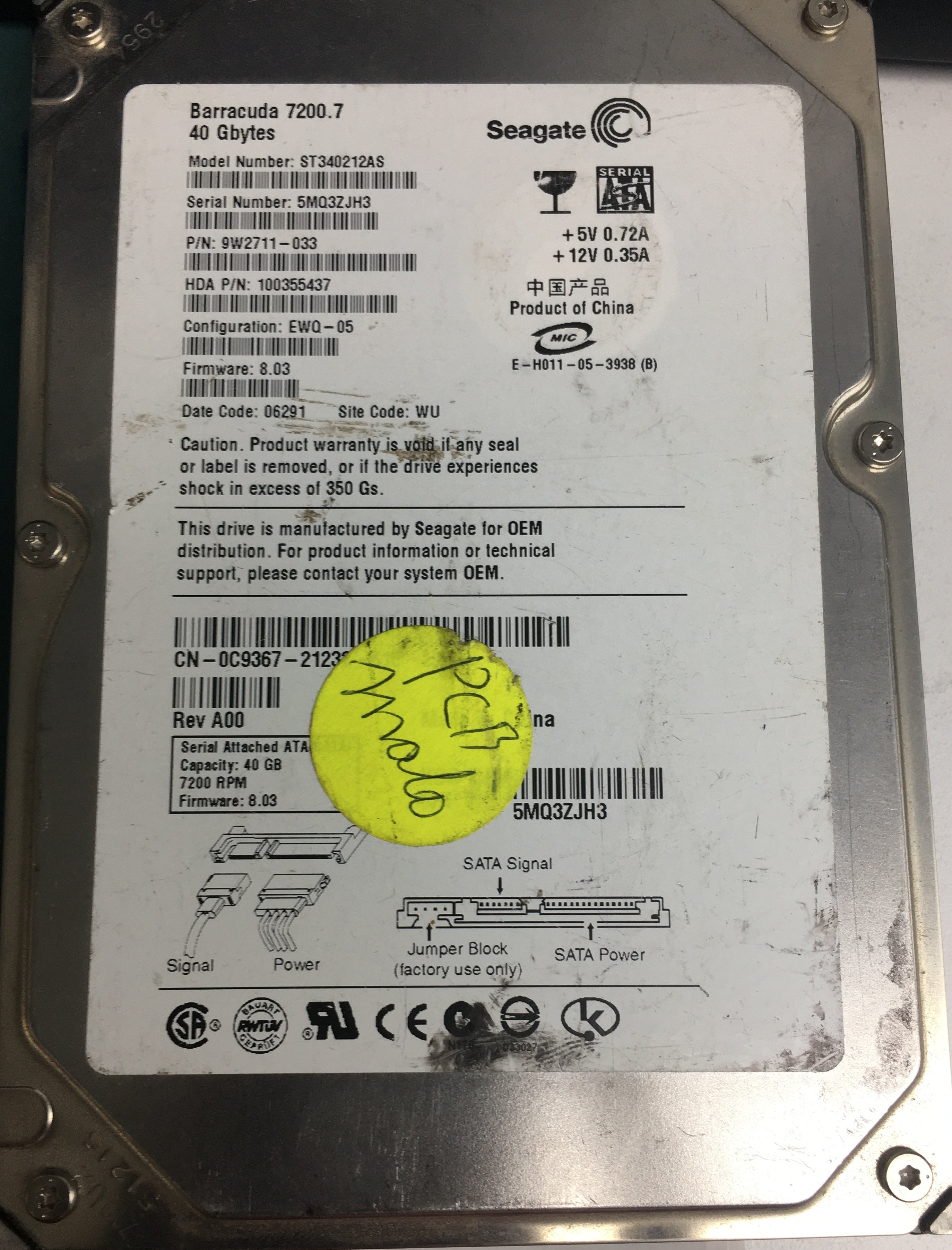 ST340212AS P/N: 100355437 FW: 8.03 Serial: 5MQ3ZJH3 40GB 3.5 PCB: 100331803 REV B