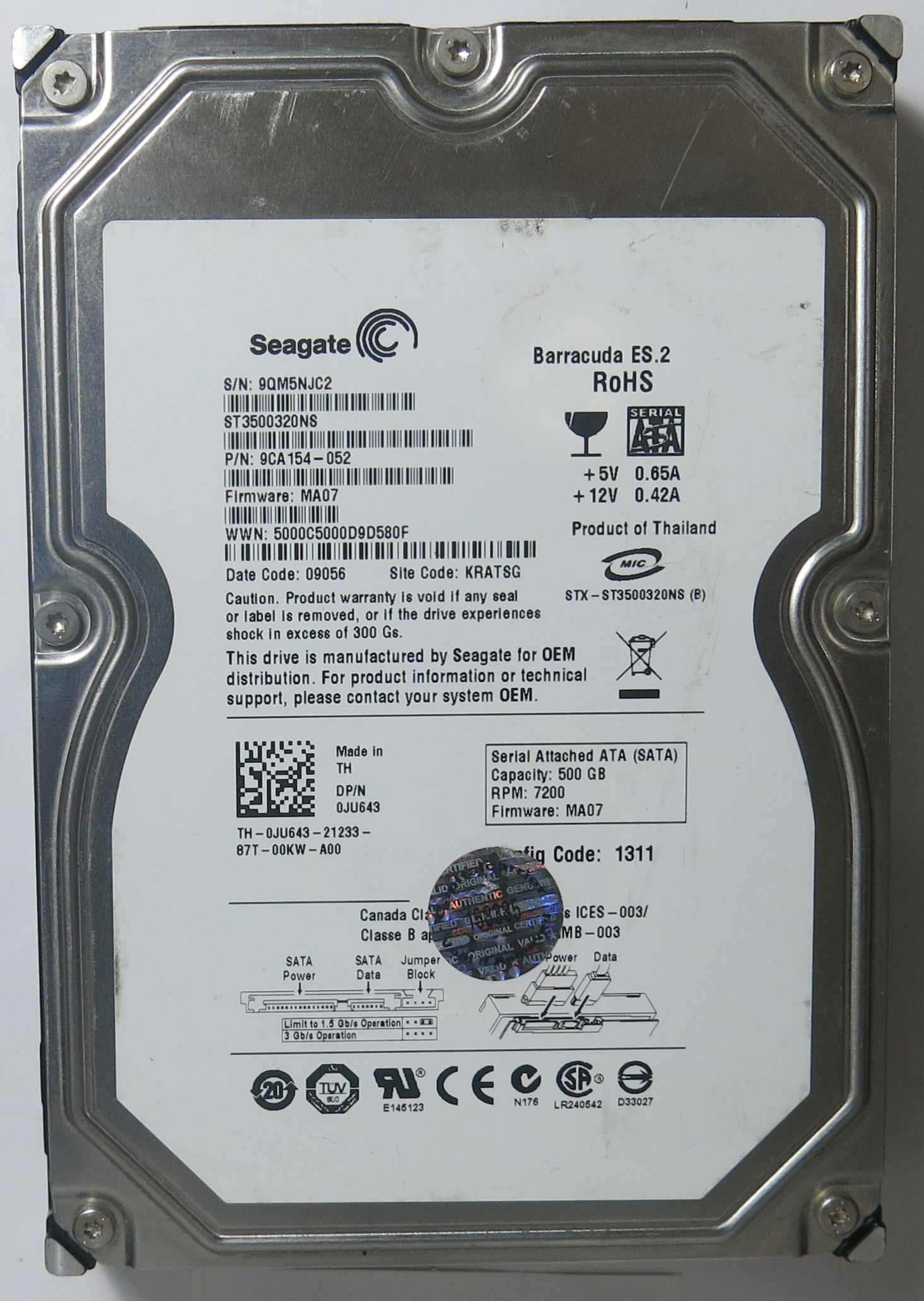 ST3500320NS PN 9CA154-052 FW MA07