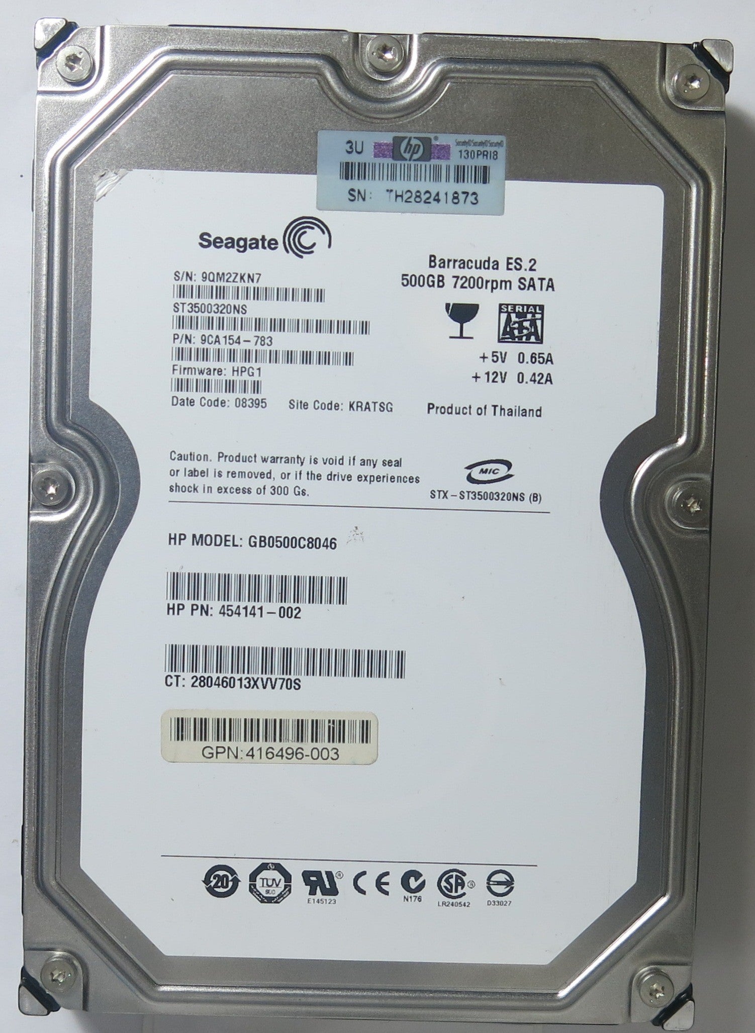 ST3500320NS PCB: 100475720 REV A SERIAL NUMBER: 9QM2ZKN7 FW HPG1 PN 9CA154-783