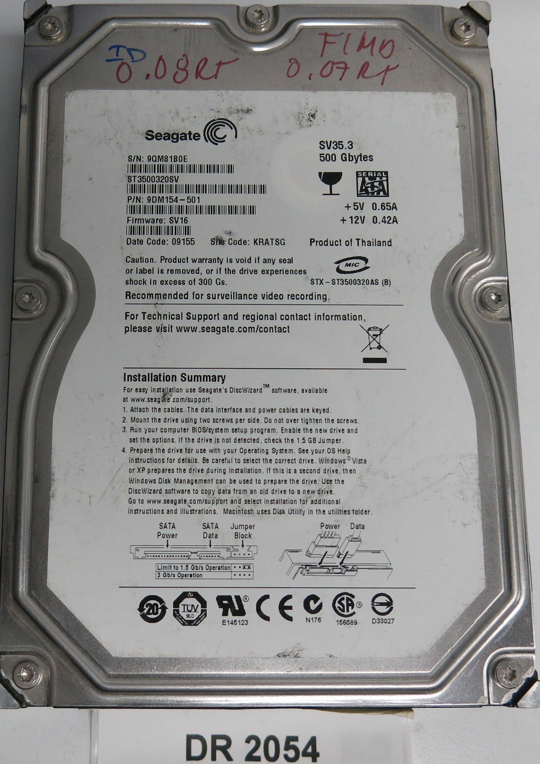ST3500320SV P/N: 9DM154-501 FW: SV16 Serial: 9QM81B0E 500GB 3.5 PCB: 100466725 REV A