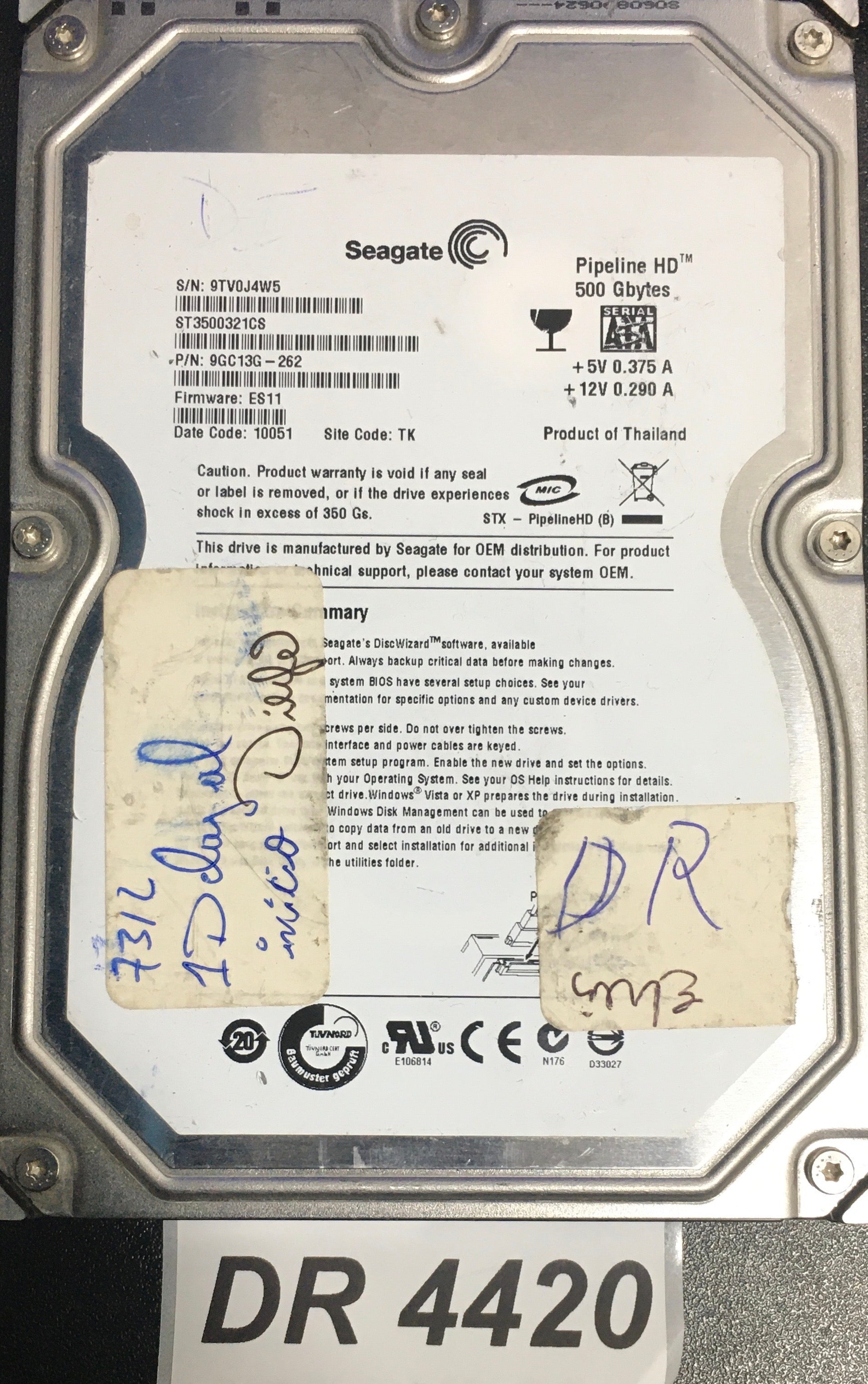 ST3500321CS P/N:  9GC13G-262  FW:ES11 Serial: 9TV0J4W5  500GB 3.5  PCB: 100513697 REV B