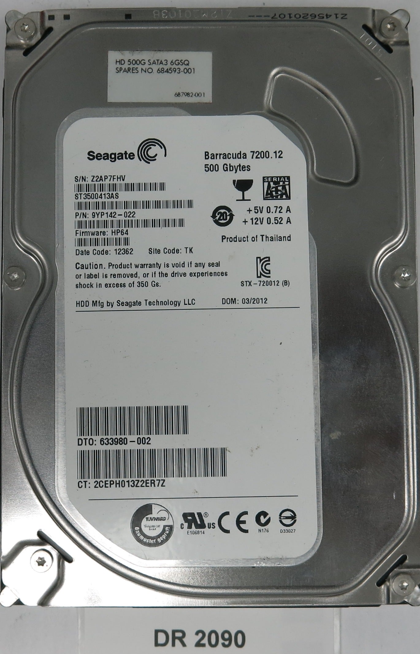 ST3500413AS, P/N: 9YP142-022, FW: HP64, Serial: Z2AP7FHV, 500GB 3.5, PCB: 100535704 REV C