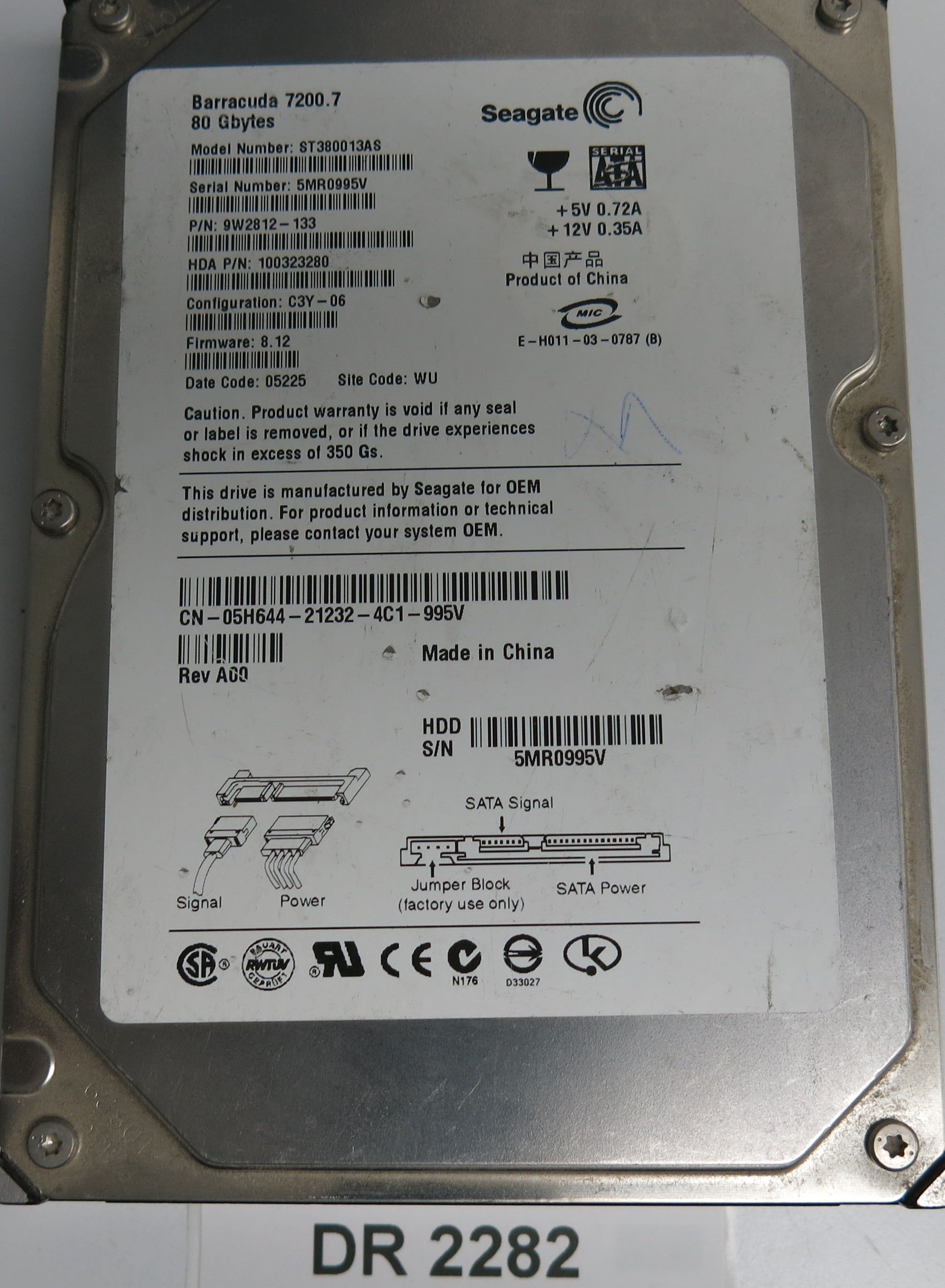 ST380013AS, P/N: 9W2812-133, FW: 8.12, Serial: 5MR0995V, 80GB 3.5, PCB: 100336321 REV A