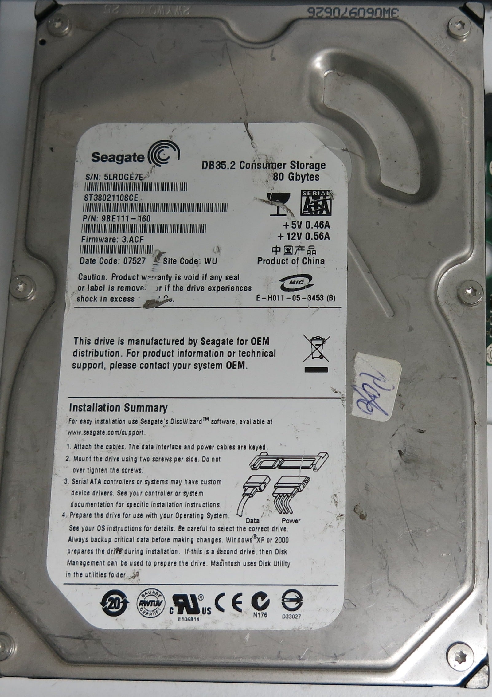 ST3802110SCE P/N: 9BE111-160 FW: 3.ACF Serial: 5LRDGE7E 80GB 3.5 PCB:100355589 REV C