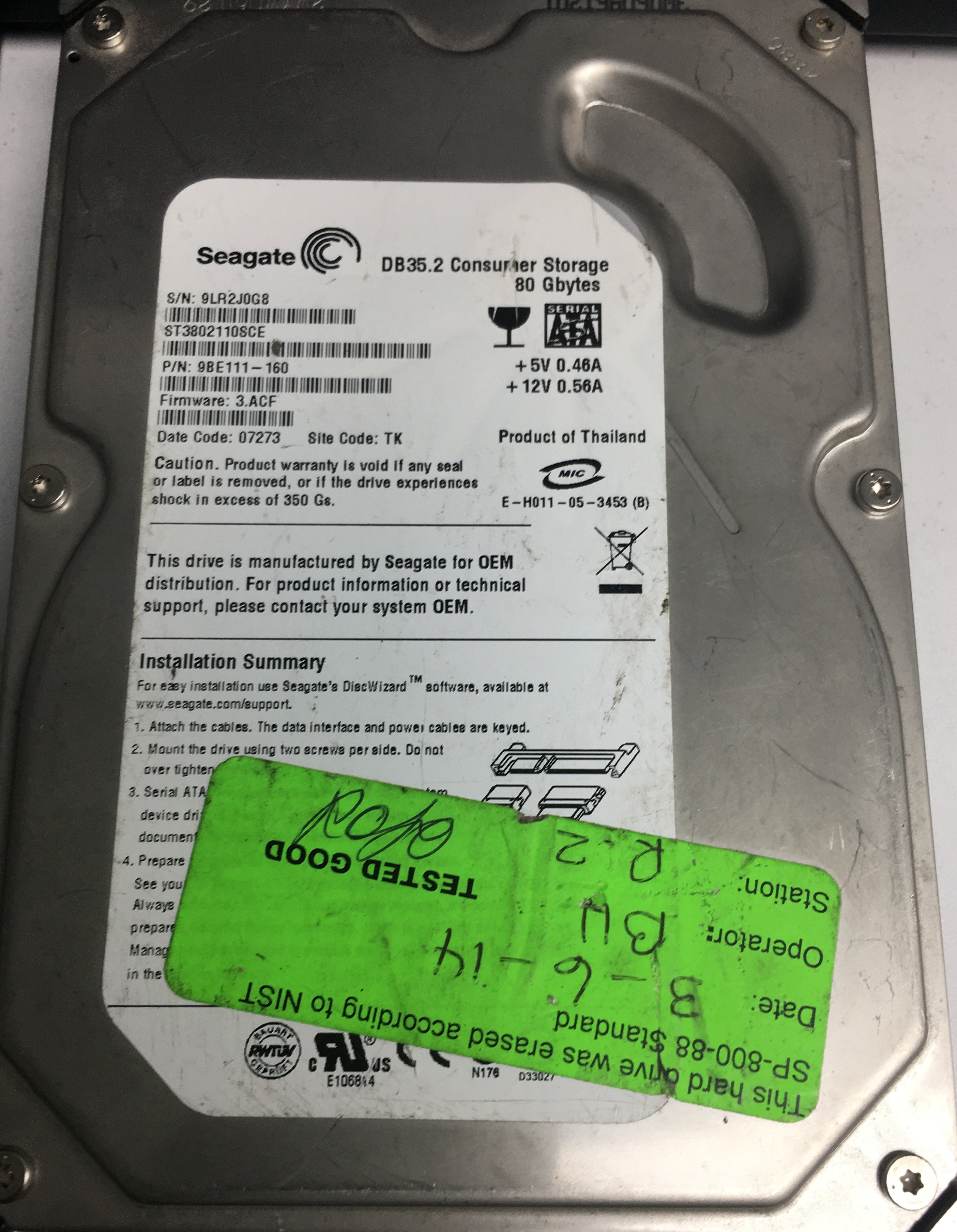 ST3802110SCE P/N: 9BE111-160 FW: 3.ACF Serial: 9LR2J0G8 80GB 3.5 PCB: 100355589 REV A
