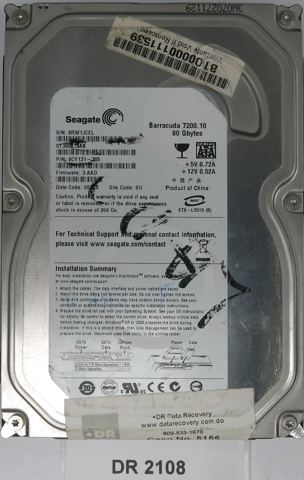 ST380815AS, P/N: 9CY131-305, FW: 3.AAD, Serial: 6RW1JCEL, 80GB 3.5, PCB: 100428473 REV C